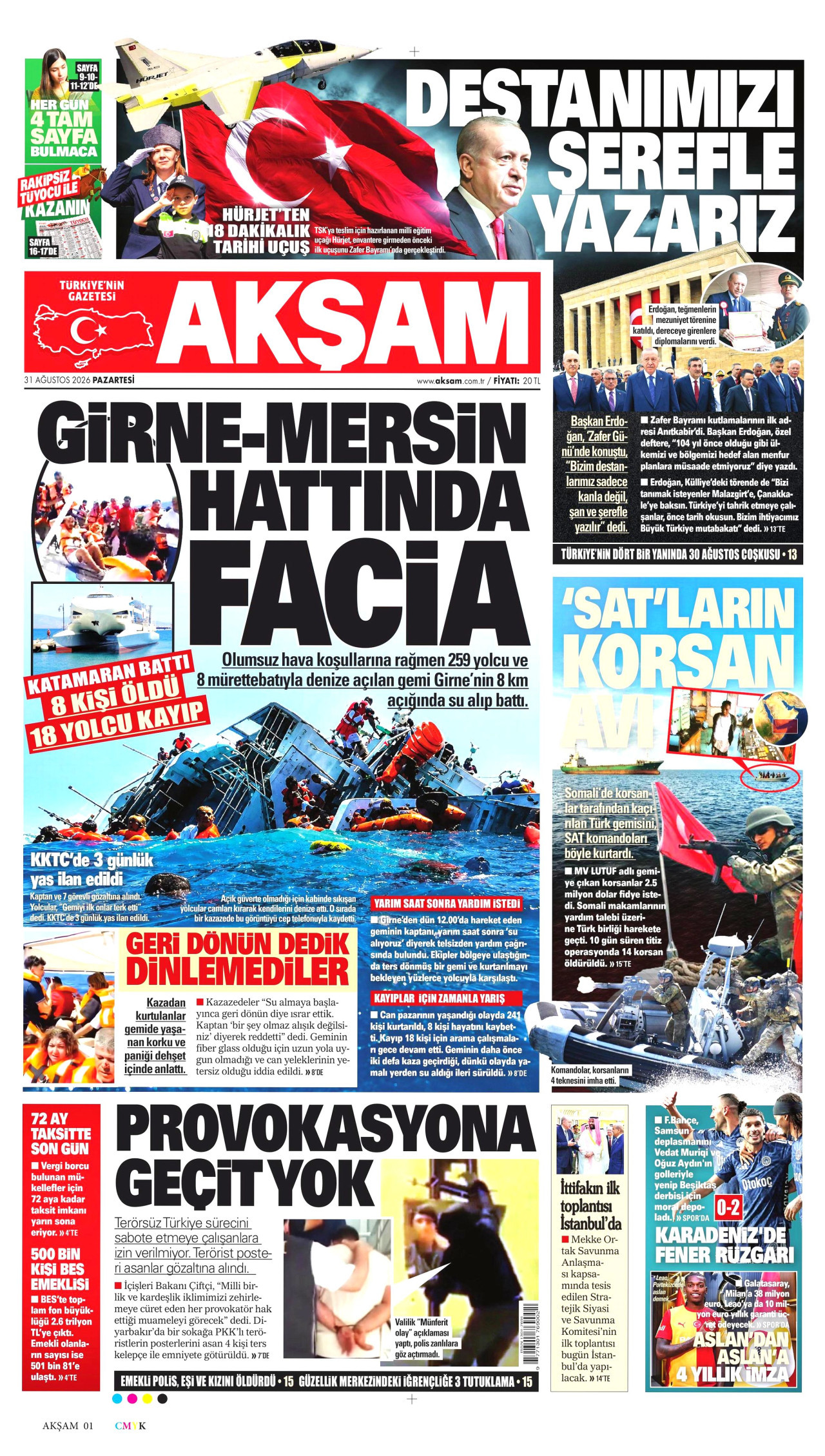 AKŞAM gazetesinin 31 Ağustos 2026 tarihli birinci sayfası