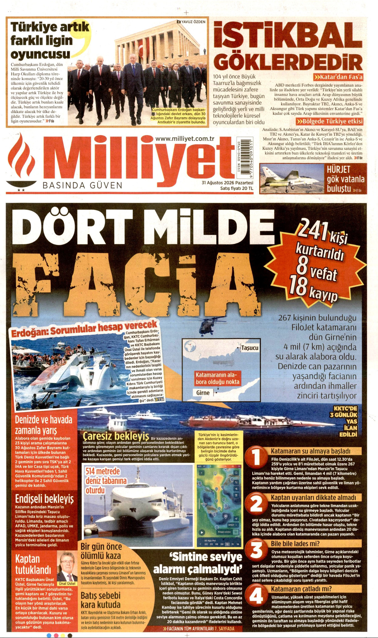 MİLLİYET gazetesinin 31 Ağustos 2026 tarihli birinci sayfası
