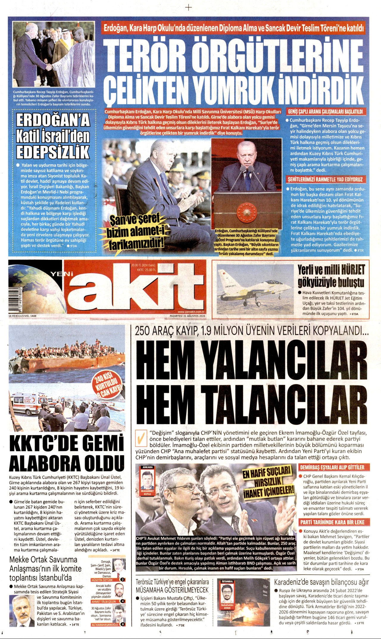 YENİ AKİT gazetesinin 31 Ağustos 2026 tarihli birinci sayfası
