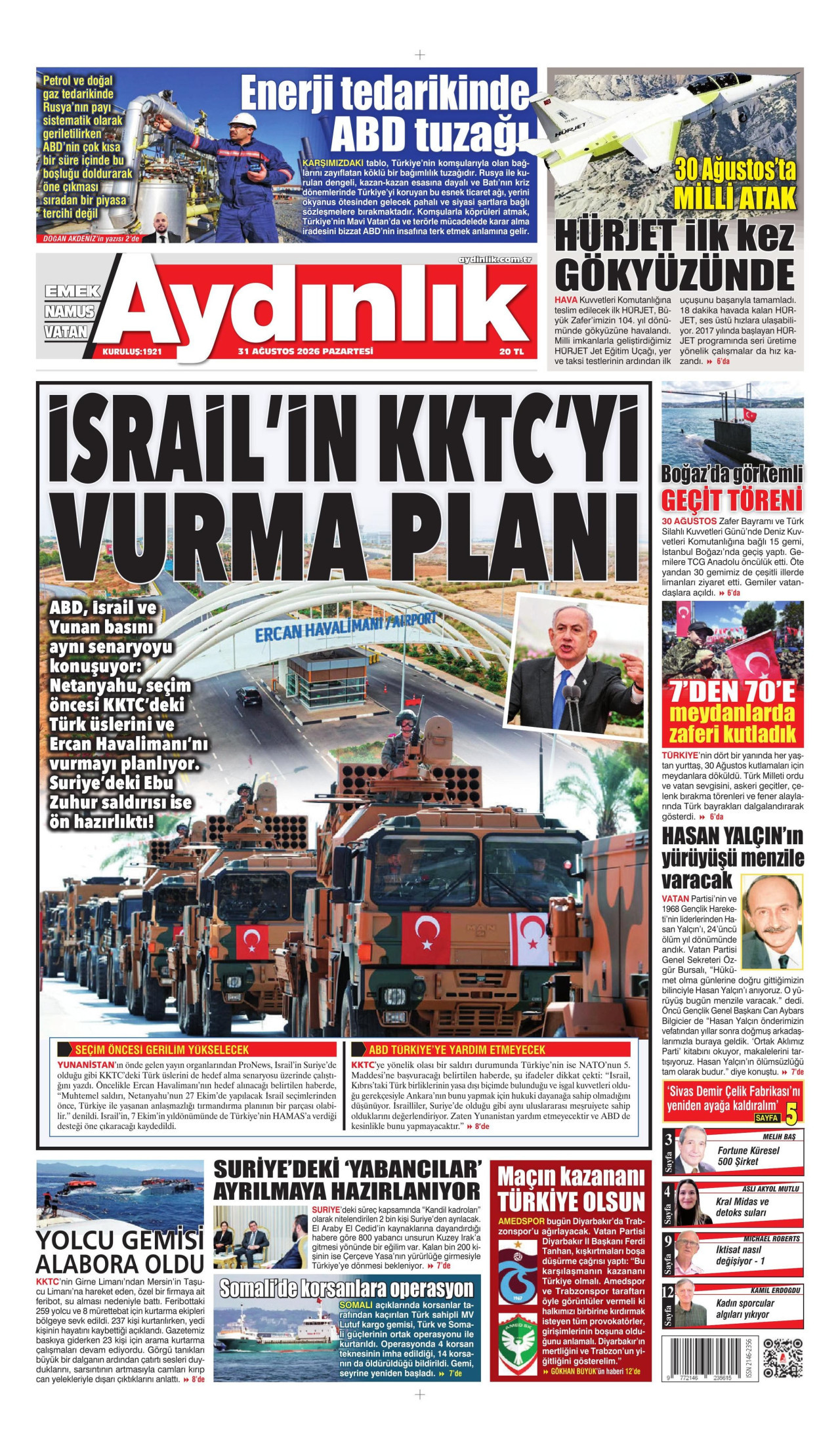 AYDINLIK GAZETESİ gazetesinin 31 Ağustos 2026 tarihli birinci sayfası