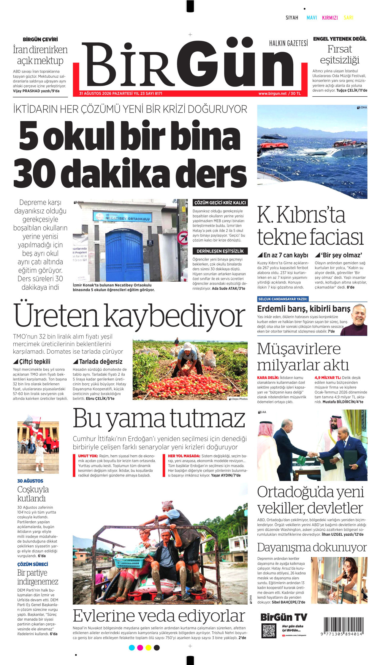 BİRGÜN gazetesinin 31 Ağustos 2026 tarihli birinci sayfası