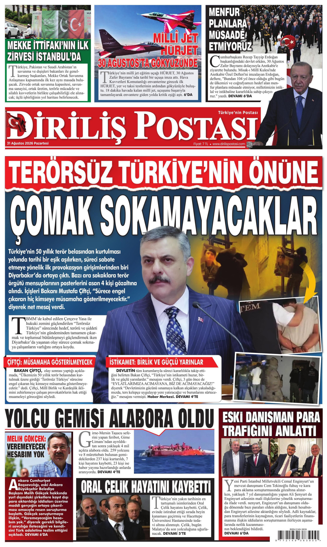 DİRİLİŞ POSTASI gazetesinin 31 Ağustos 2026 tarihli birinci sayfası