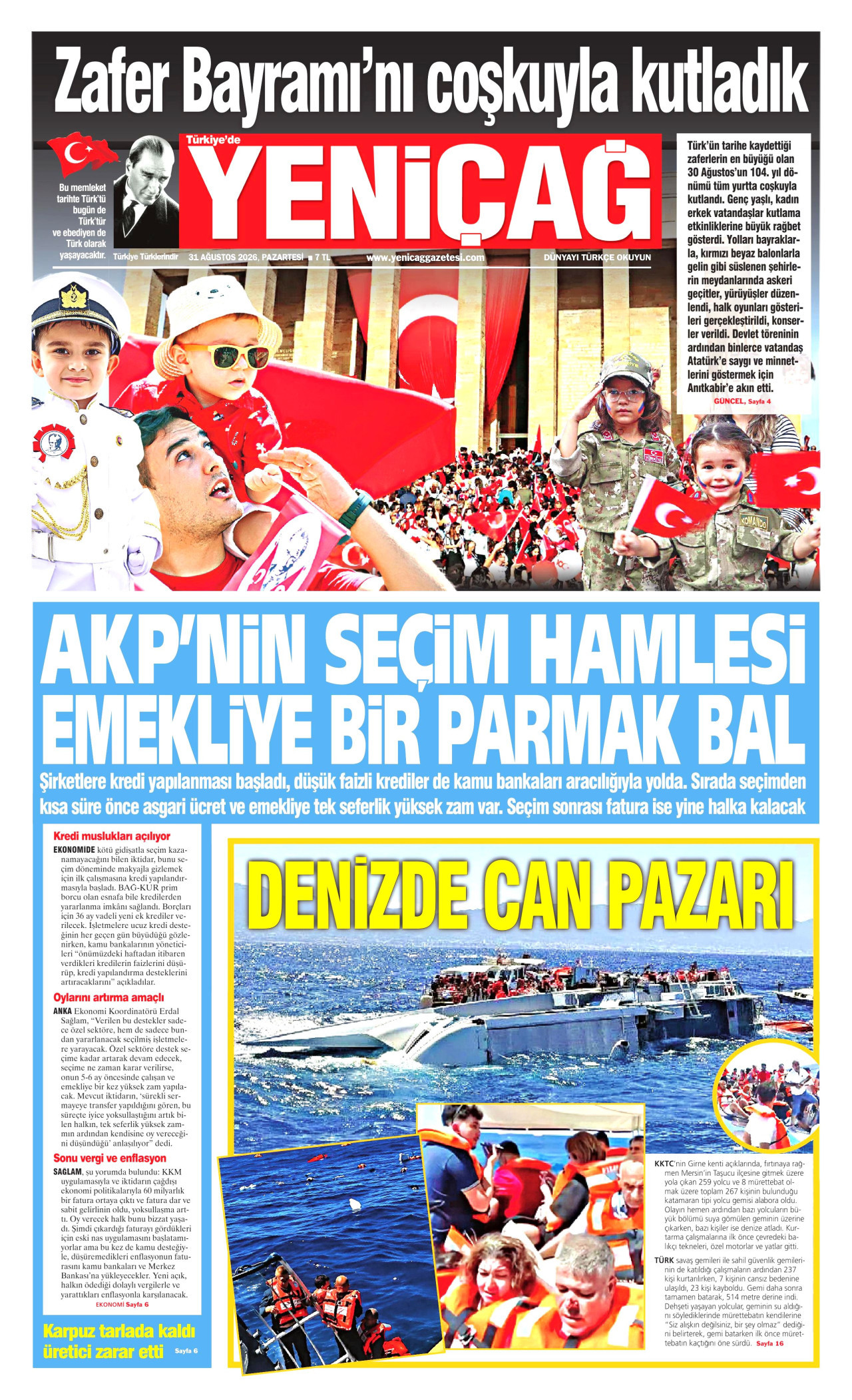 YENİÇAĞ gazetesinin 31 Ağustos 2026 tarihli birinci sayfası