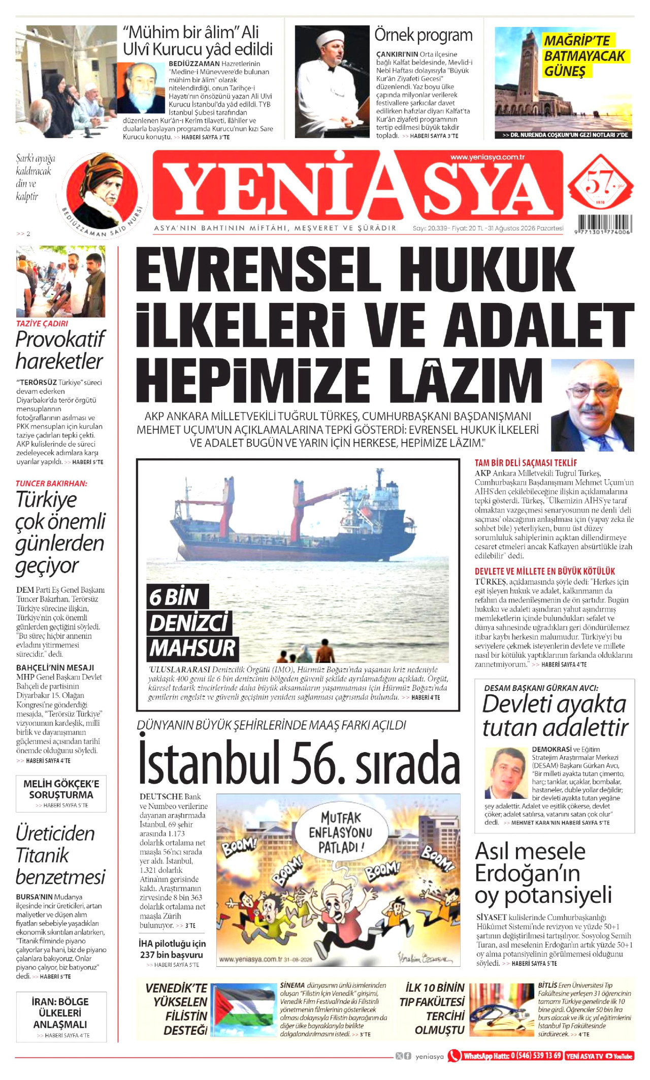 YENİ ASYA gazetesinin 31 Ağustos 2026 tarihli birinci sayfası