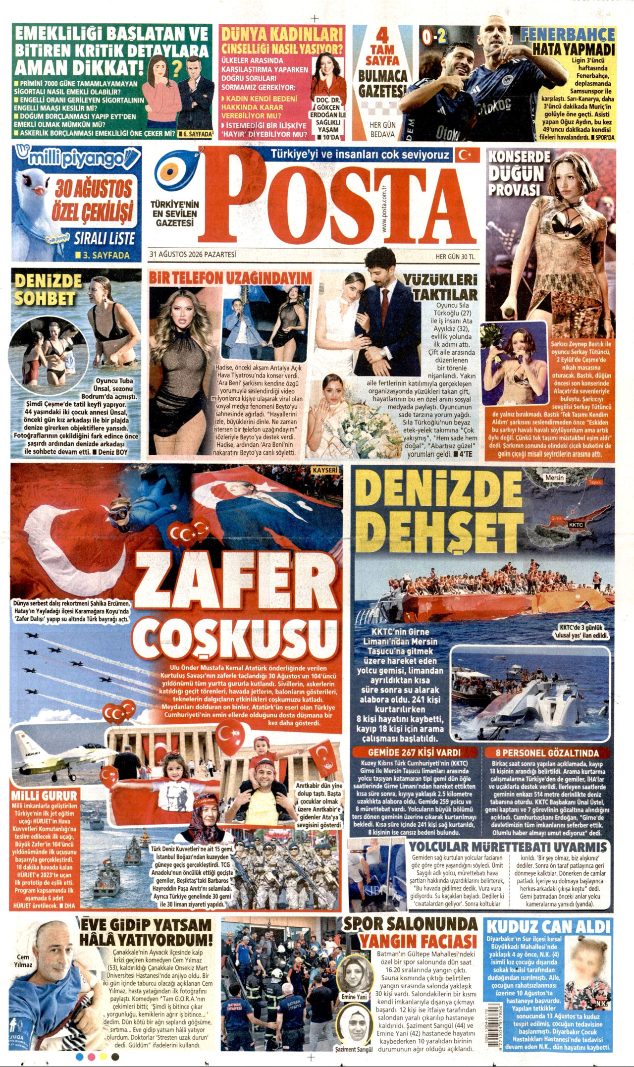 POSTA gazetesinin 31 Ağustos 2026 tarihli birinci sayfası