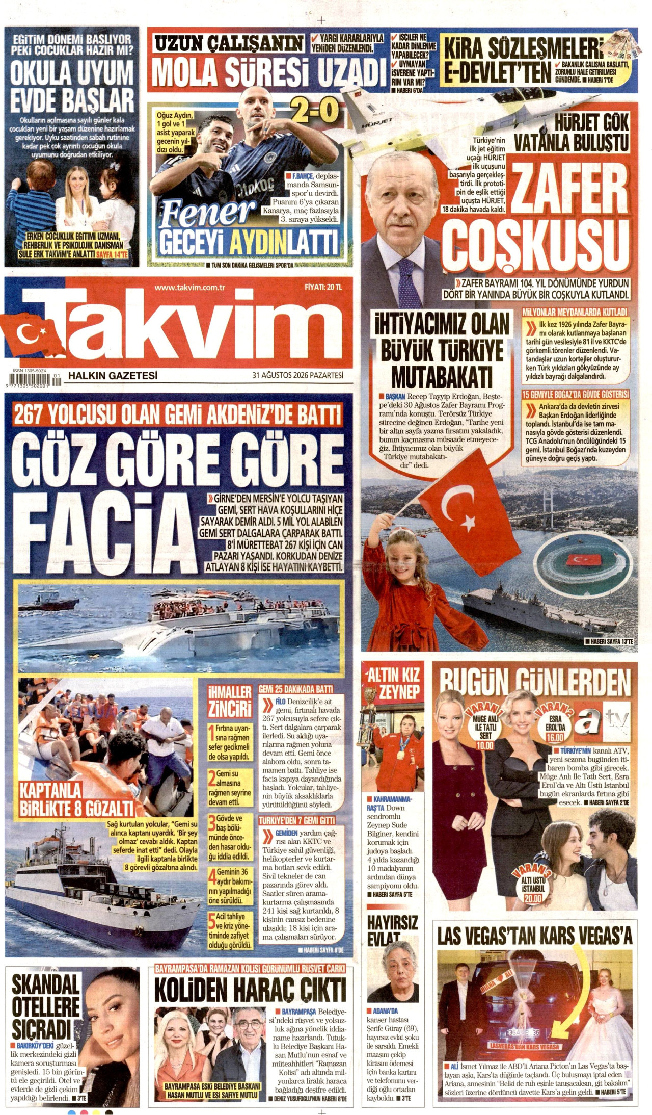 TAKVİM gazetesinin 31 Ağustos 2026 tarihli birinci sayfası