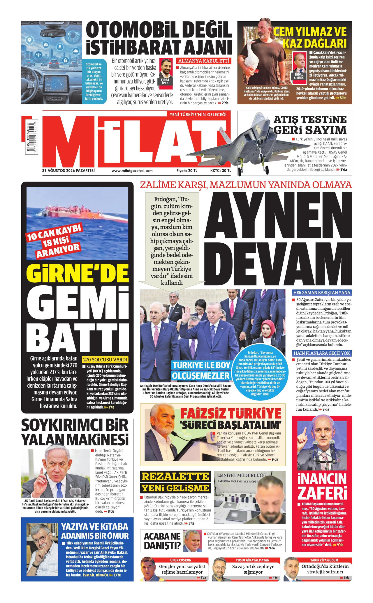 MİLAT gazetesinin 31 Ağustos 2026 tarihli birinci sayfası
