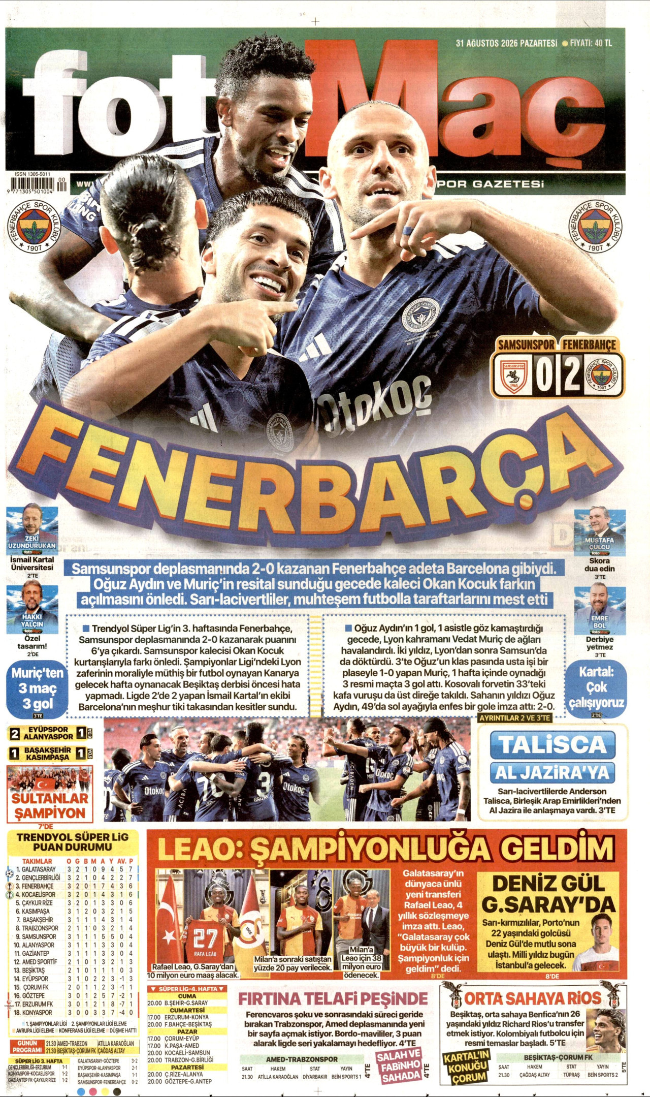 FOTOMAÇ gazetesinin 31 Ağustos 2026 tarihli birinci sayfası