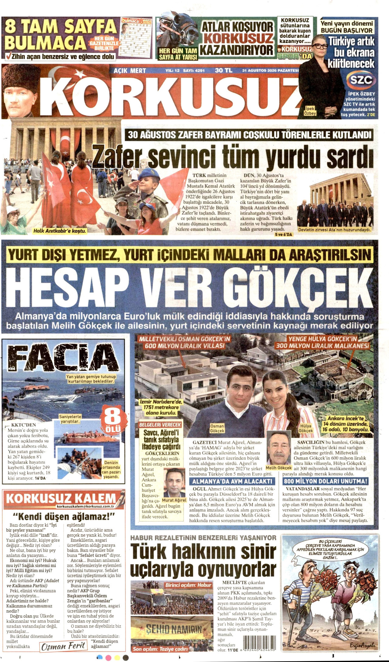 KORKUSUZ gazetesinin 31 Ağustos 2026 tarihli birinci sayfası