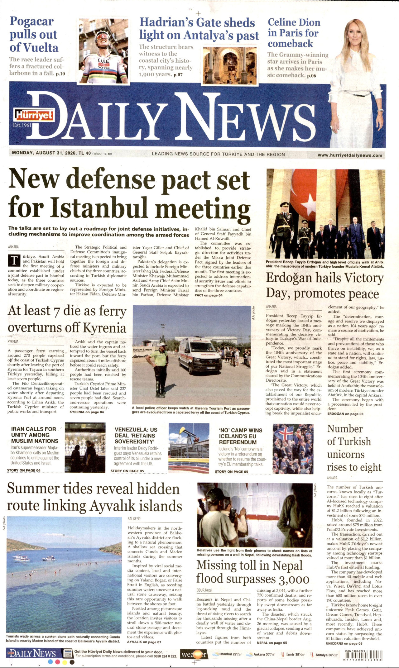 HÜRRİYET DAİLY NEWS gazetesinin 31 Ağustos 2026 tarihli birinci sayfası
