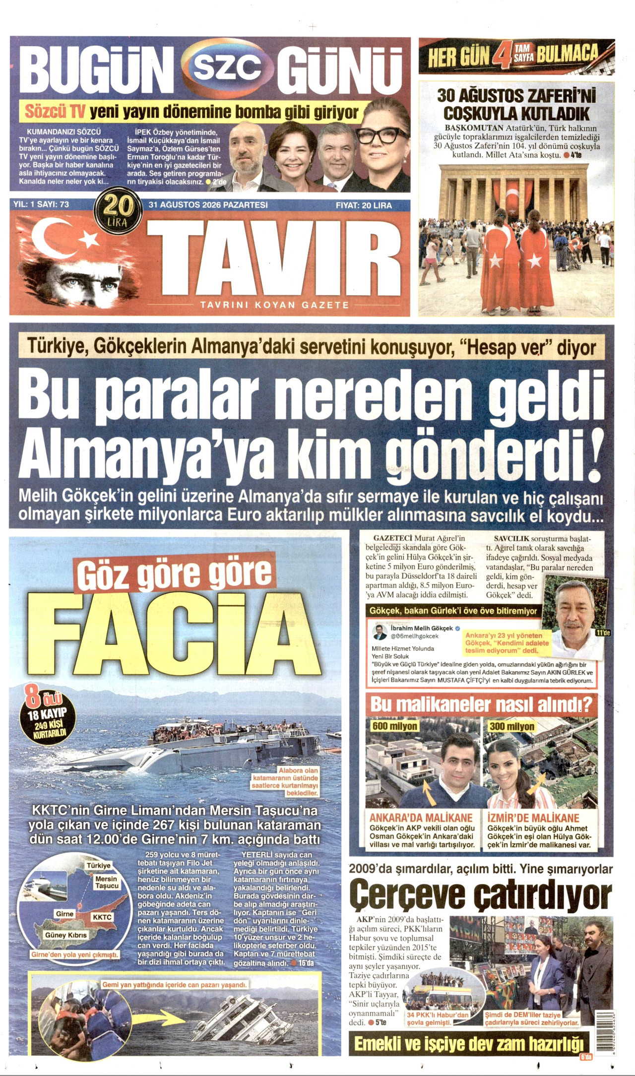 TAVIR GAZETESİ gazetesinin 31 Ağustos 2026 tarihli birinci sayfası