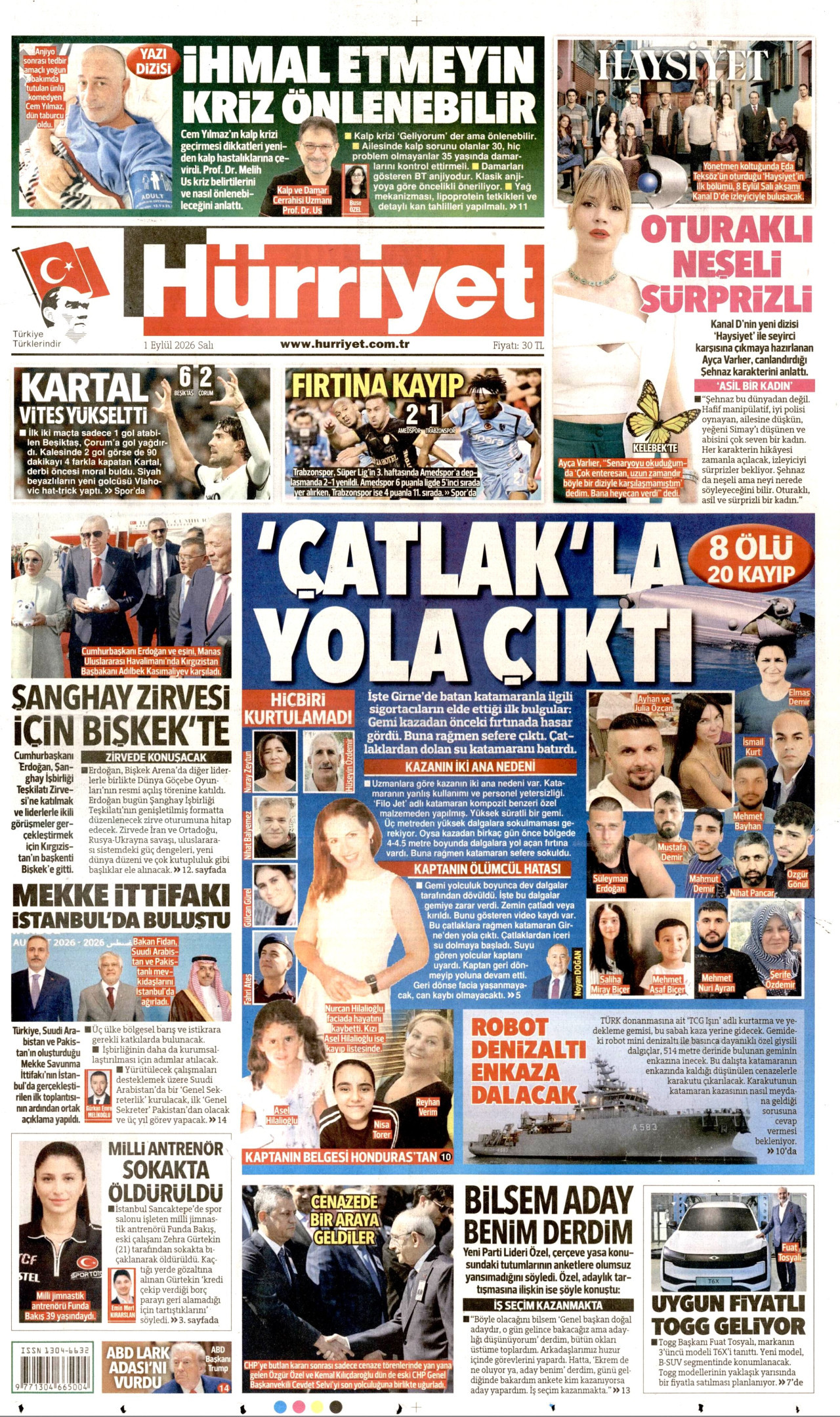 HÜRRİYET gazetesinin 1 Eylül 2026 tarihli birinci sayfası
