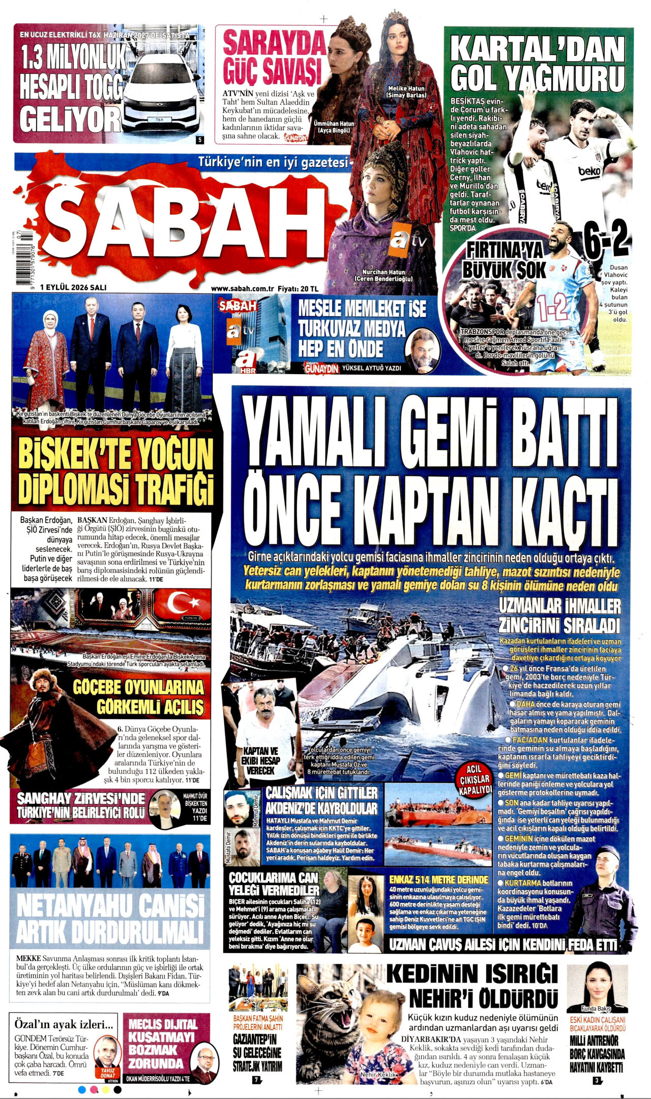 SABAH gazetesinin 1 Eylül 2026 tarihli birinci sayfası