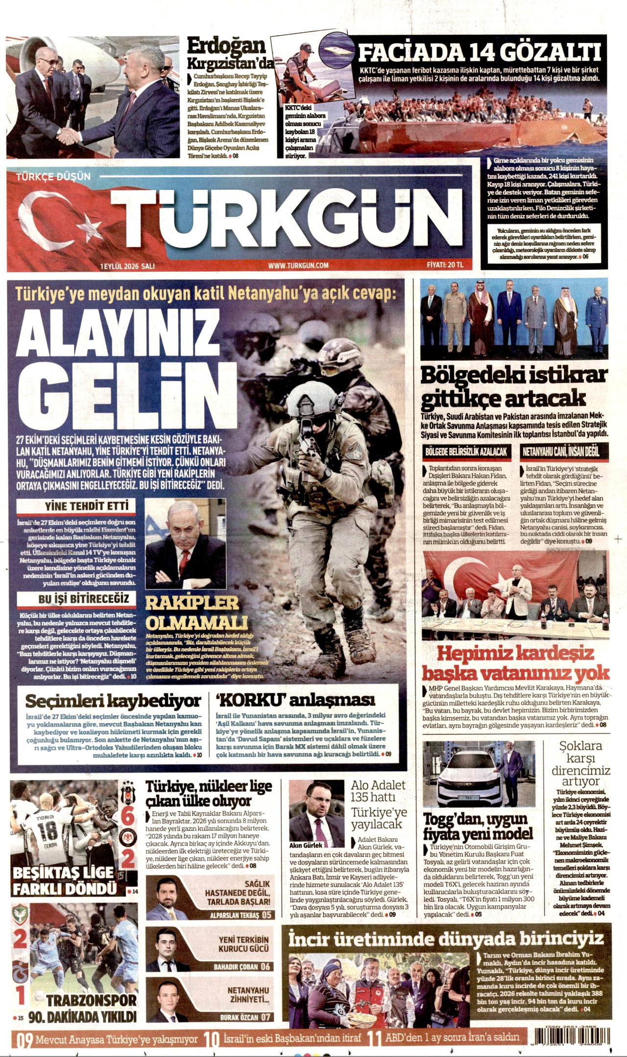 TÜRKGÜN gazetesinin 1 Eylül 2026 tarihli birinci sayfası