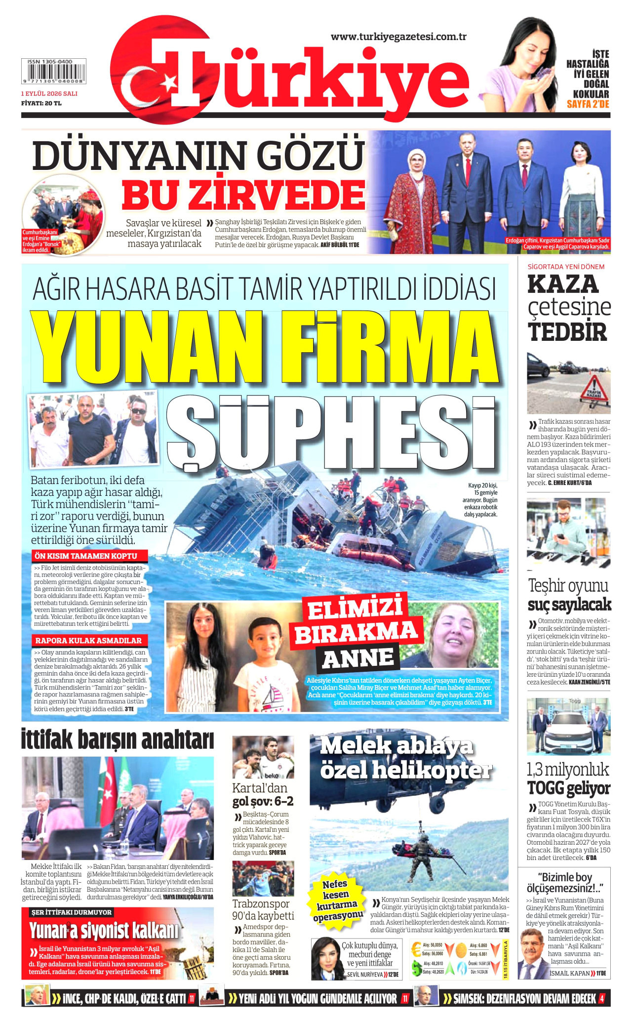 TÜRKİYE GAZETESİ gazetesinin 1 Eylül 2026 tarihli birinci sayfası