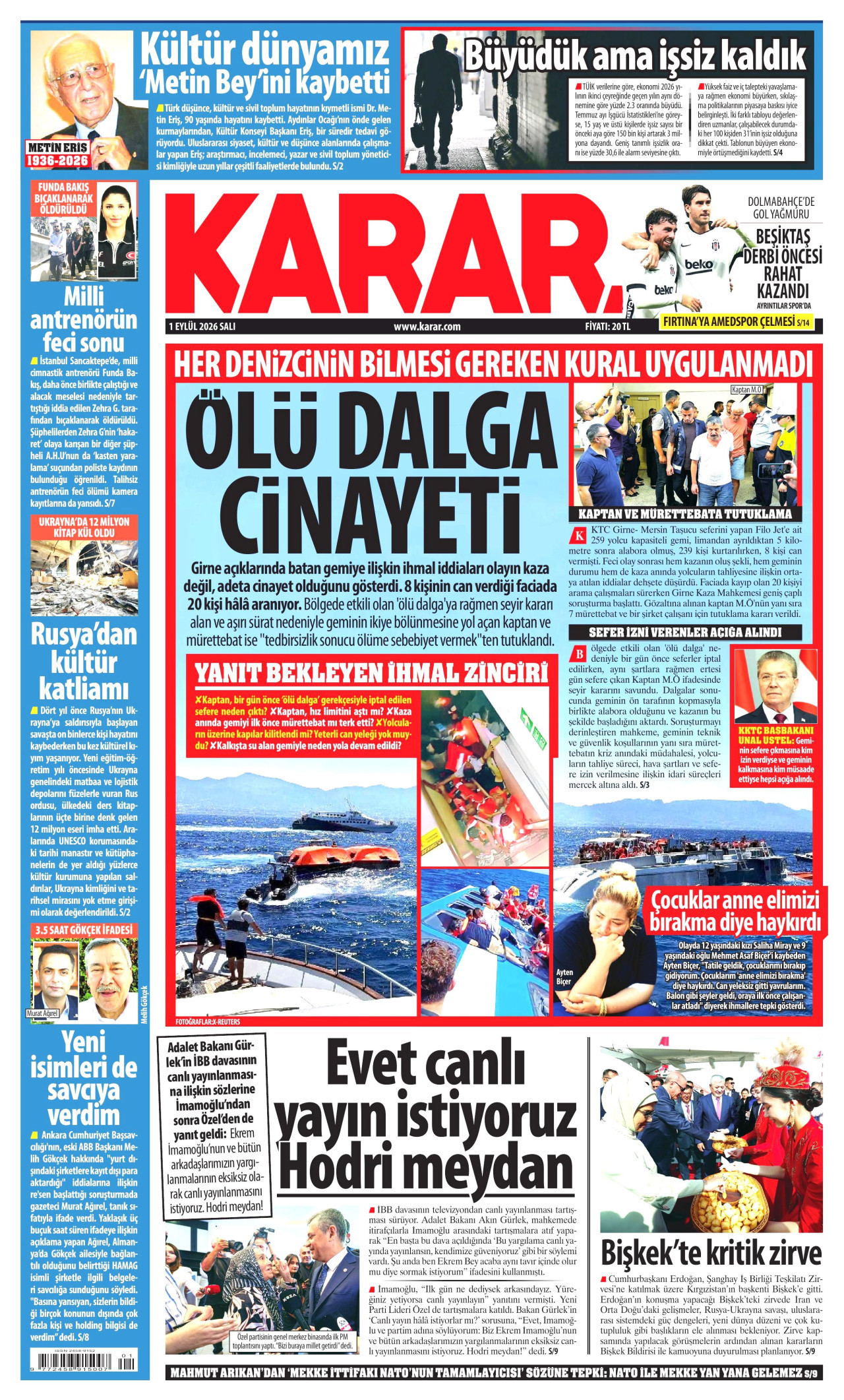 KARAR gazetesinin 1 Eylül 2026 tarihli birinci sayfası