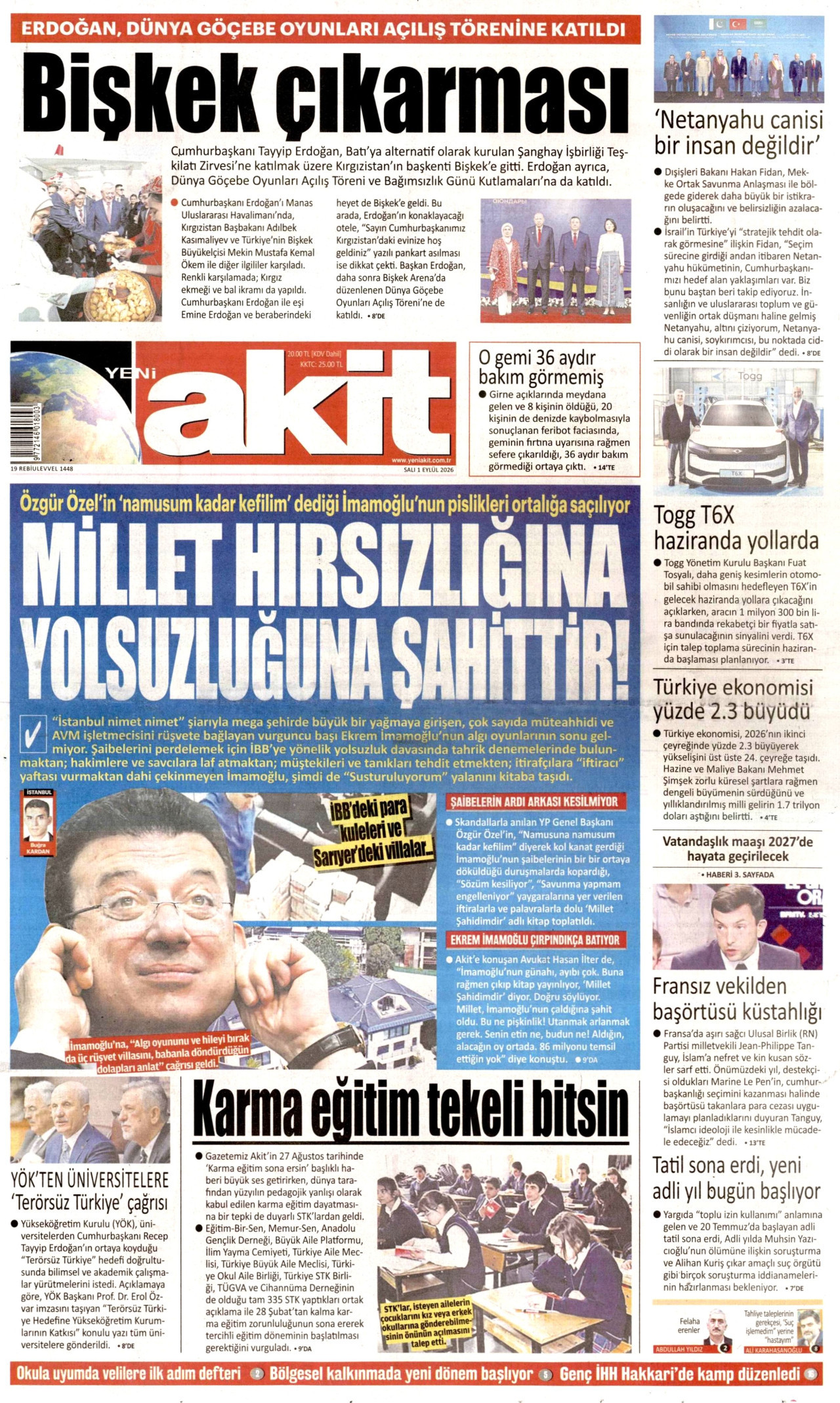 YENİ AKİT gazetesinin 1 Eylül 2026 tarihli birinci sayfası