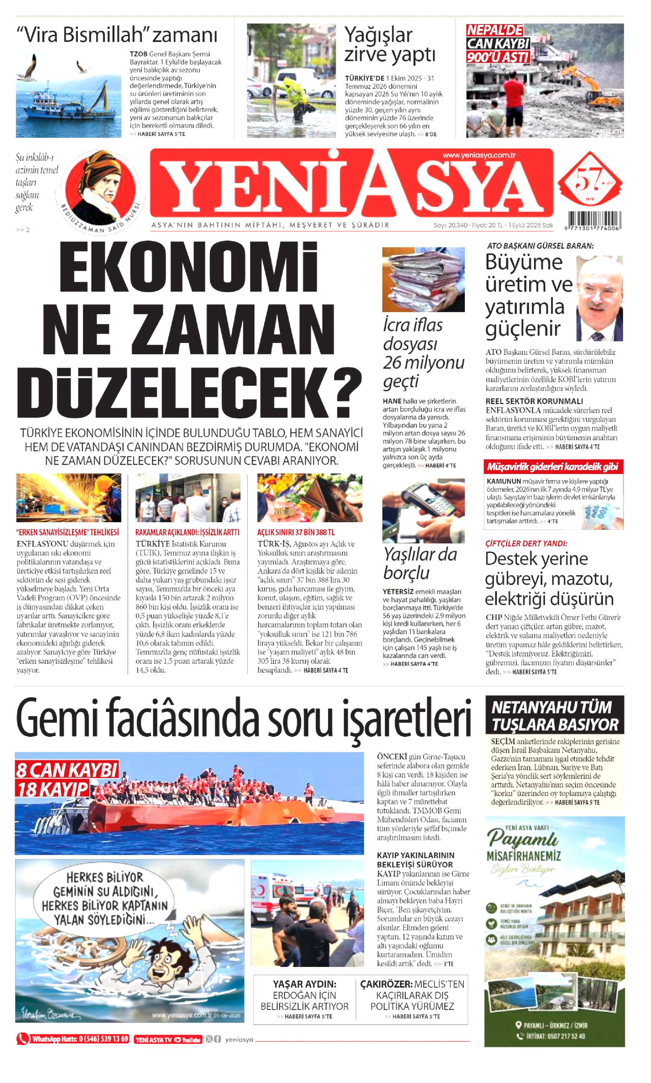 YENİ ASYA gazetesinin 1 Eylül 2026 tarihli birinci sayfası