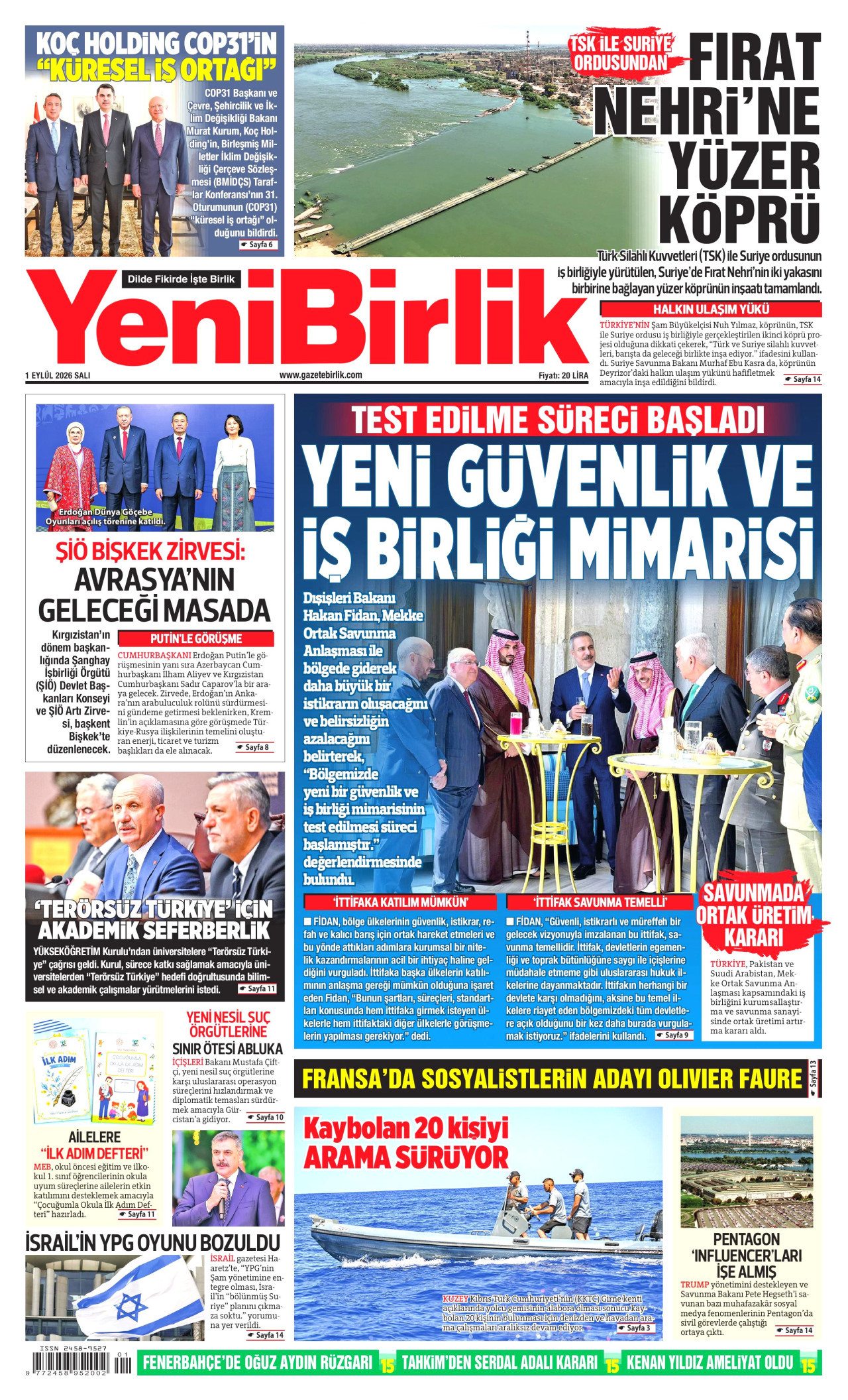 YENİBİRLİK gazetesinin 1 Eylül 2026 tarihli birinci sayfası