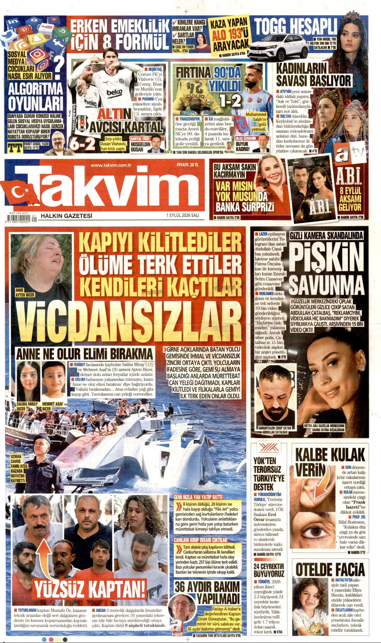TAKVİM gazetesinin 1 Eylül 2026 tarihli birinci sayfası