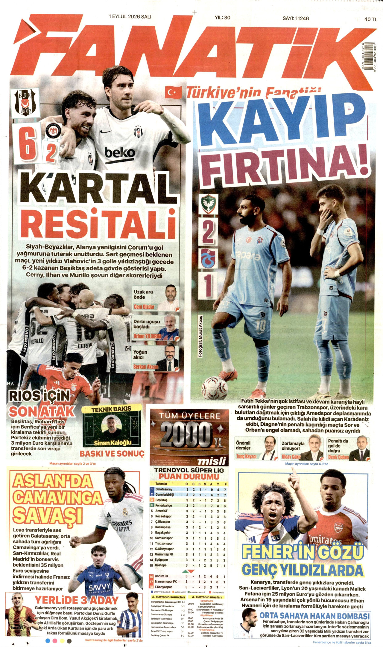 FANATİK gazetesinin 1 Eylül 2026 tarihli birinci sayfası