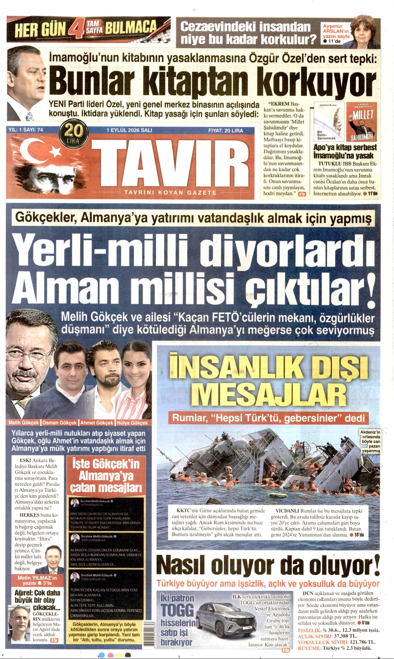 TAVIR GAZETESİ gazetesinin 1 Eylül 2026 tarihli birinci sayfası