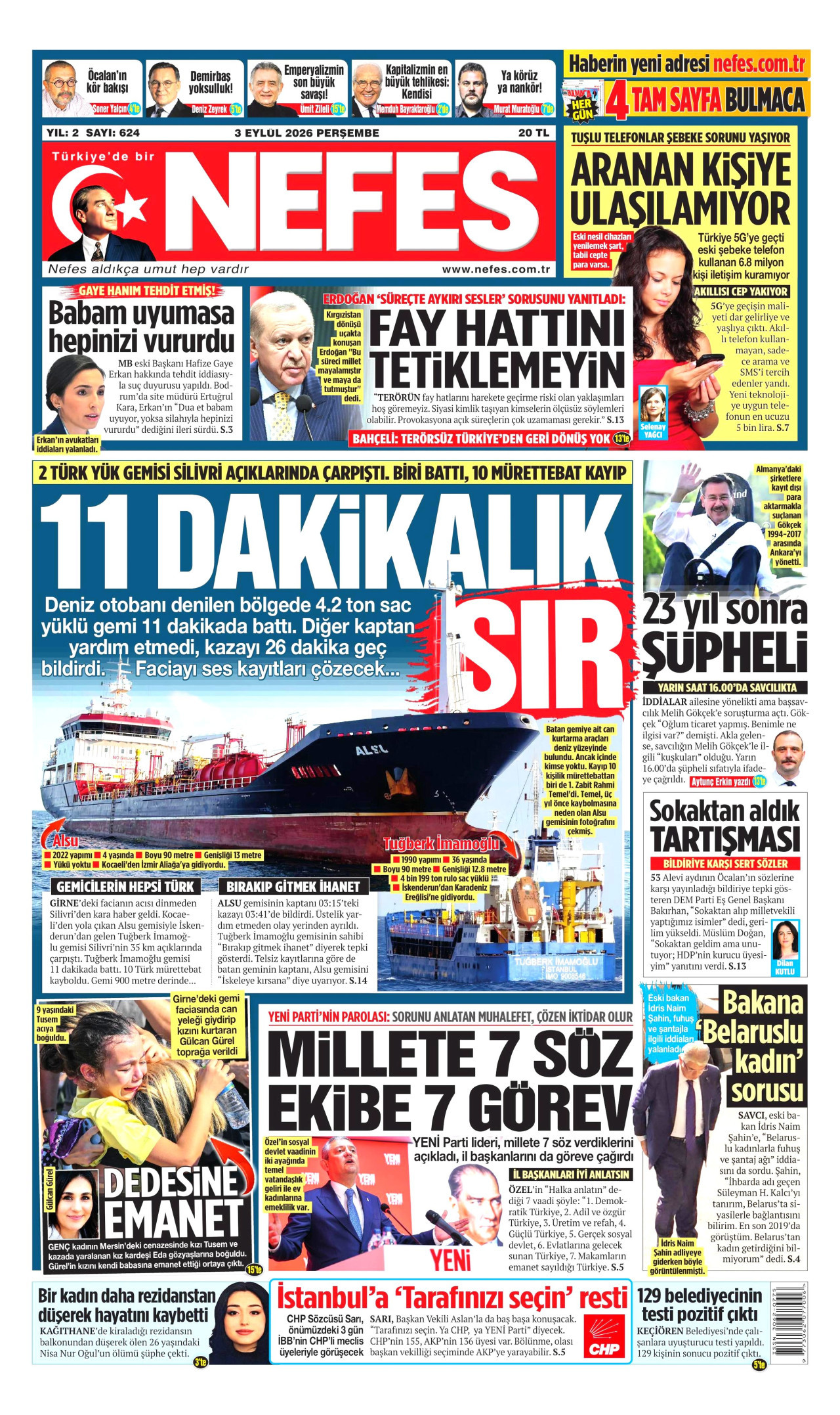 NEFES gazetesinin 3 Eylül 2026 tarihli birinci sayfası