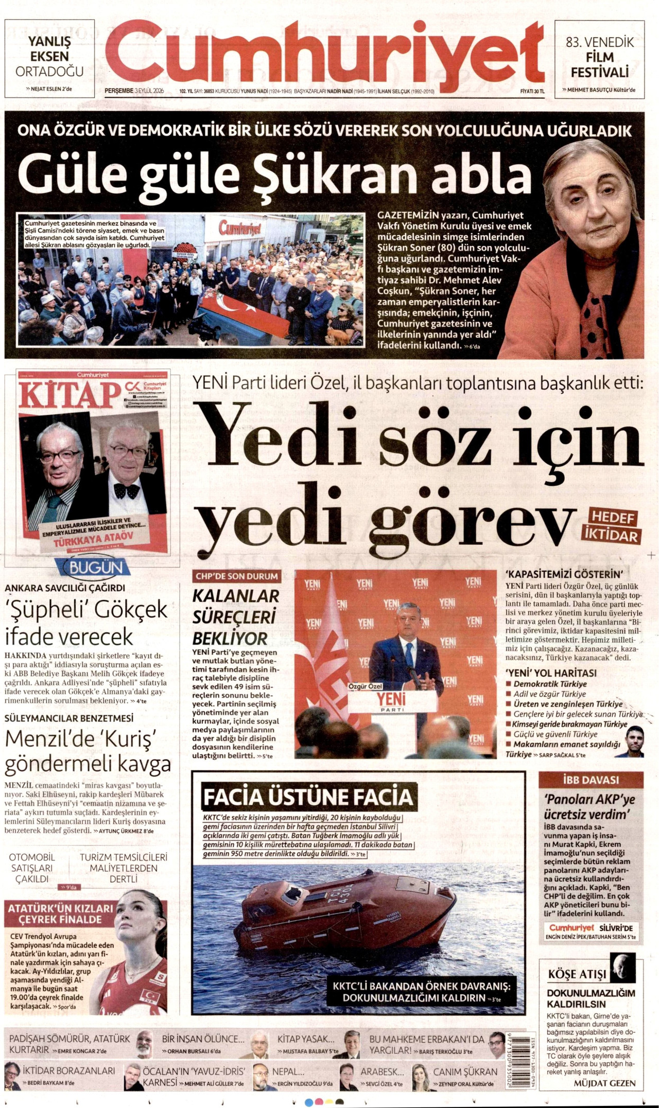 CUMHURİYET gazetesinin 3 Eylül 2026 tarihli birinci sayfası