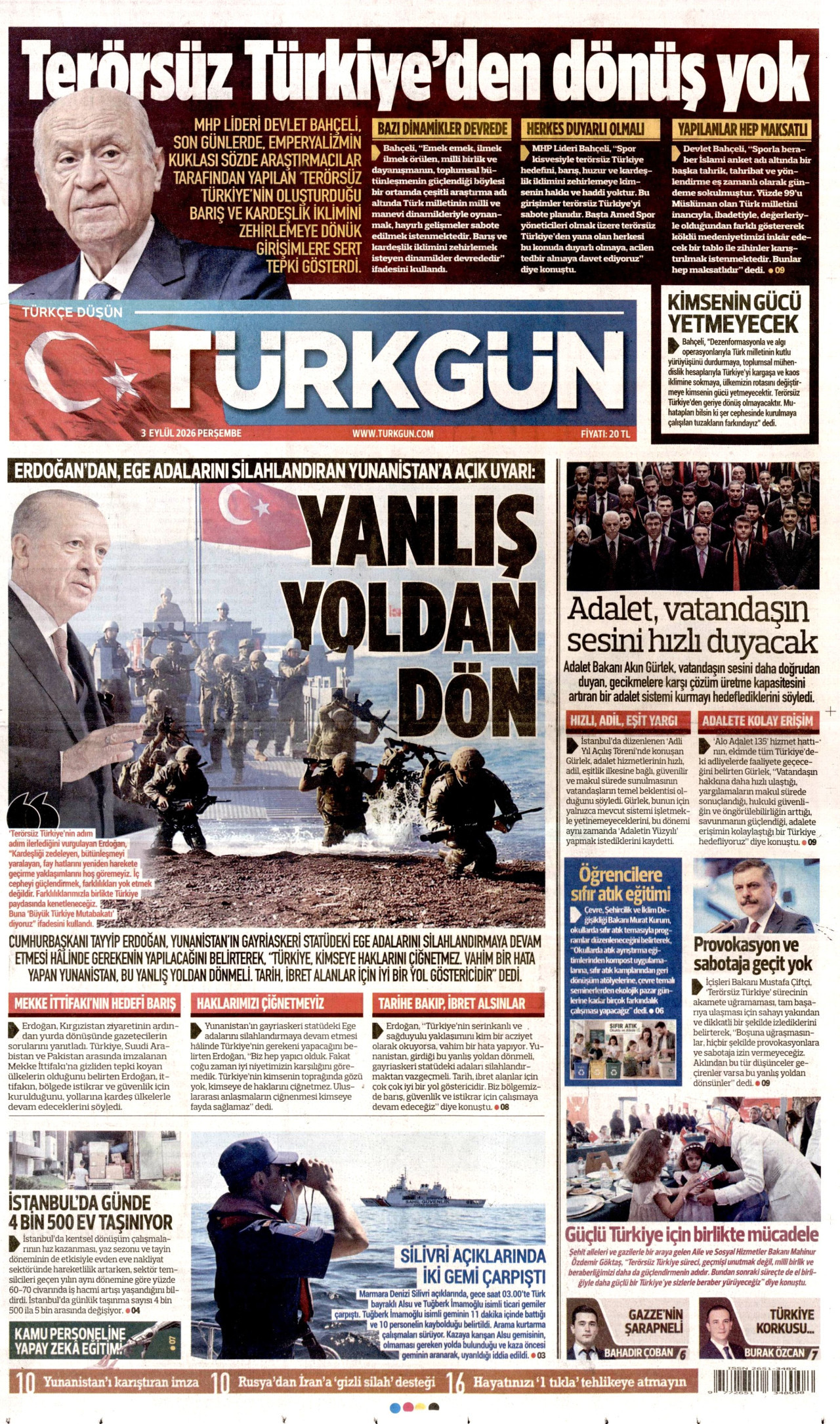 TÜRKGÜN gazetesinin 3 Eylül 2026 tarihli birinci sayfası