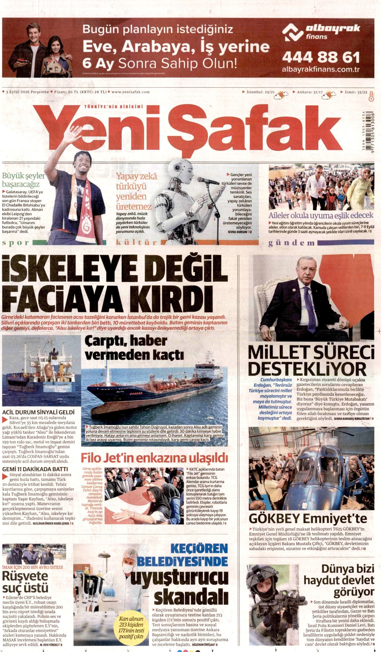 YENİ ŞAFAK gazetesinin 3 Eylül 2026 tarihli birinci sayfası