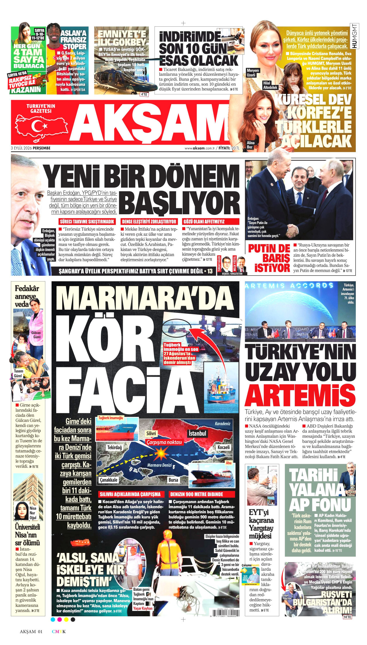AKŞAM gazetesinin 3 Eylül 2026 tarihli birinci sayfası