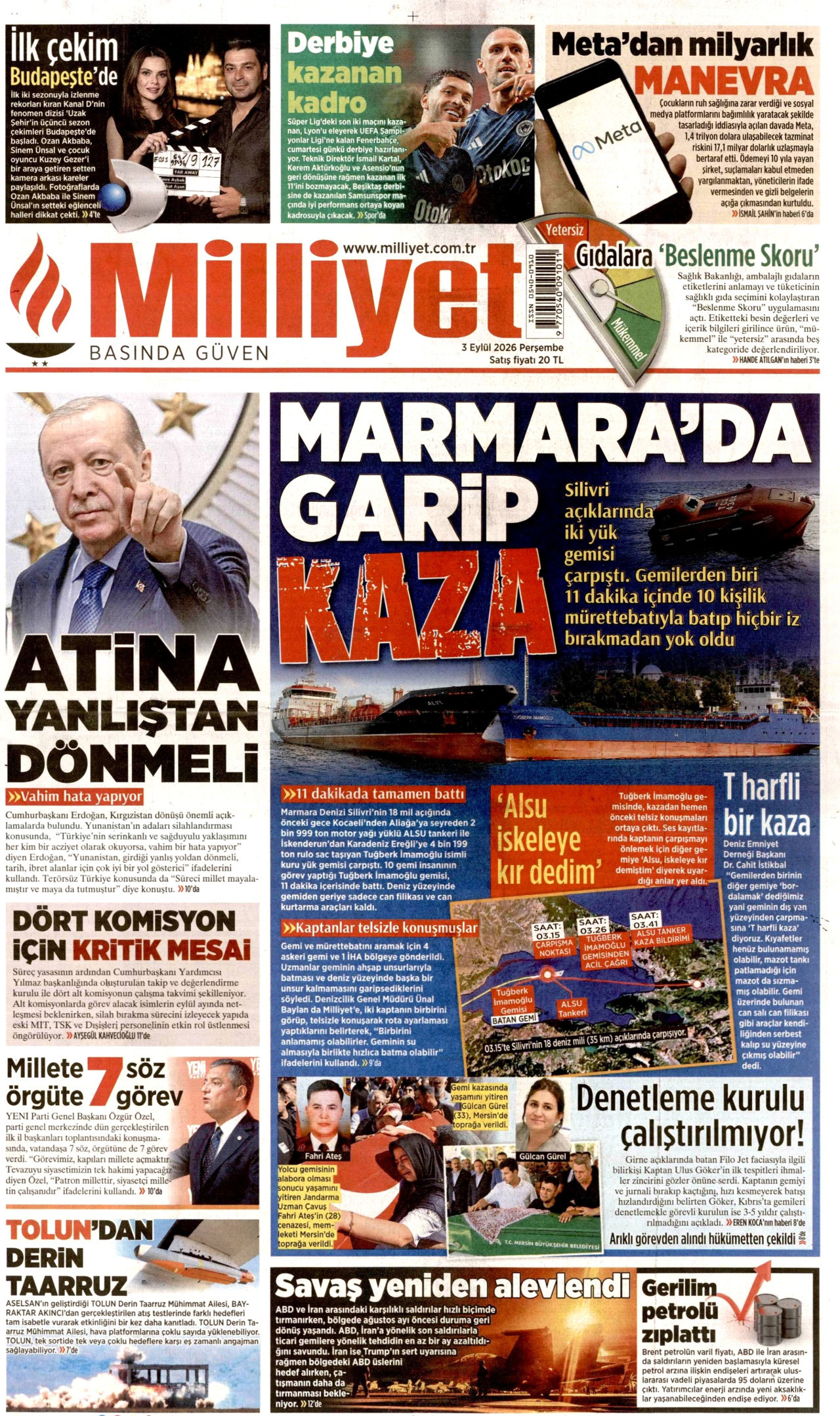 MİLLİYET gazetesinin 3 Eylül 2026 tarihli birinci sayfası