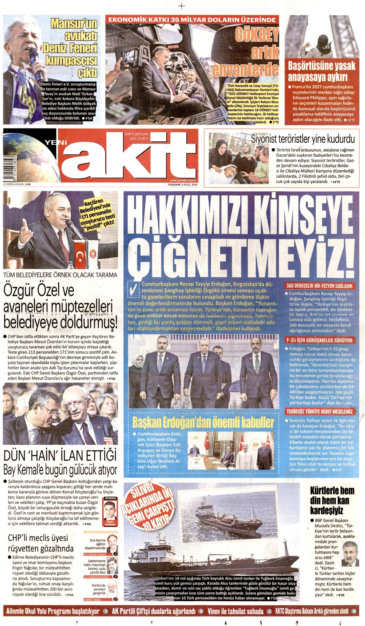 YENİ AKİT gazetesinin 3 Eylül 2026 tarihli birinci sayfası