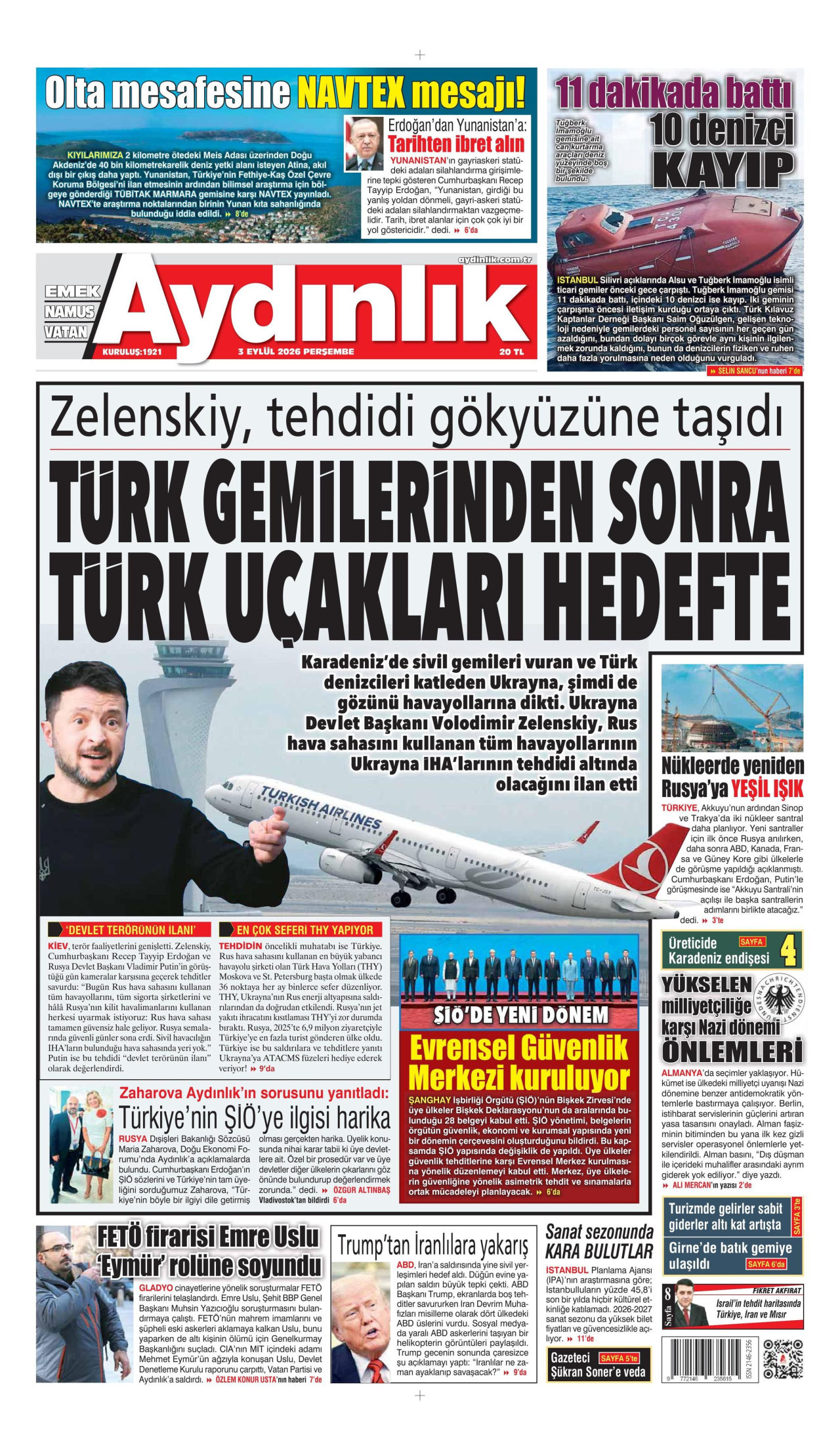 AYDINLIK GAZETESİ gazetesinin 3 Eylül 2026 tarihli birinci sayfası