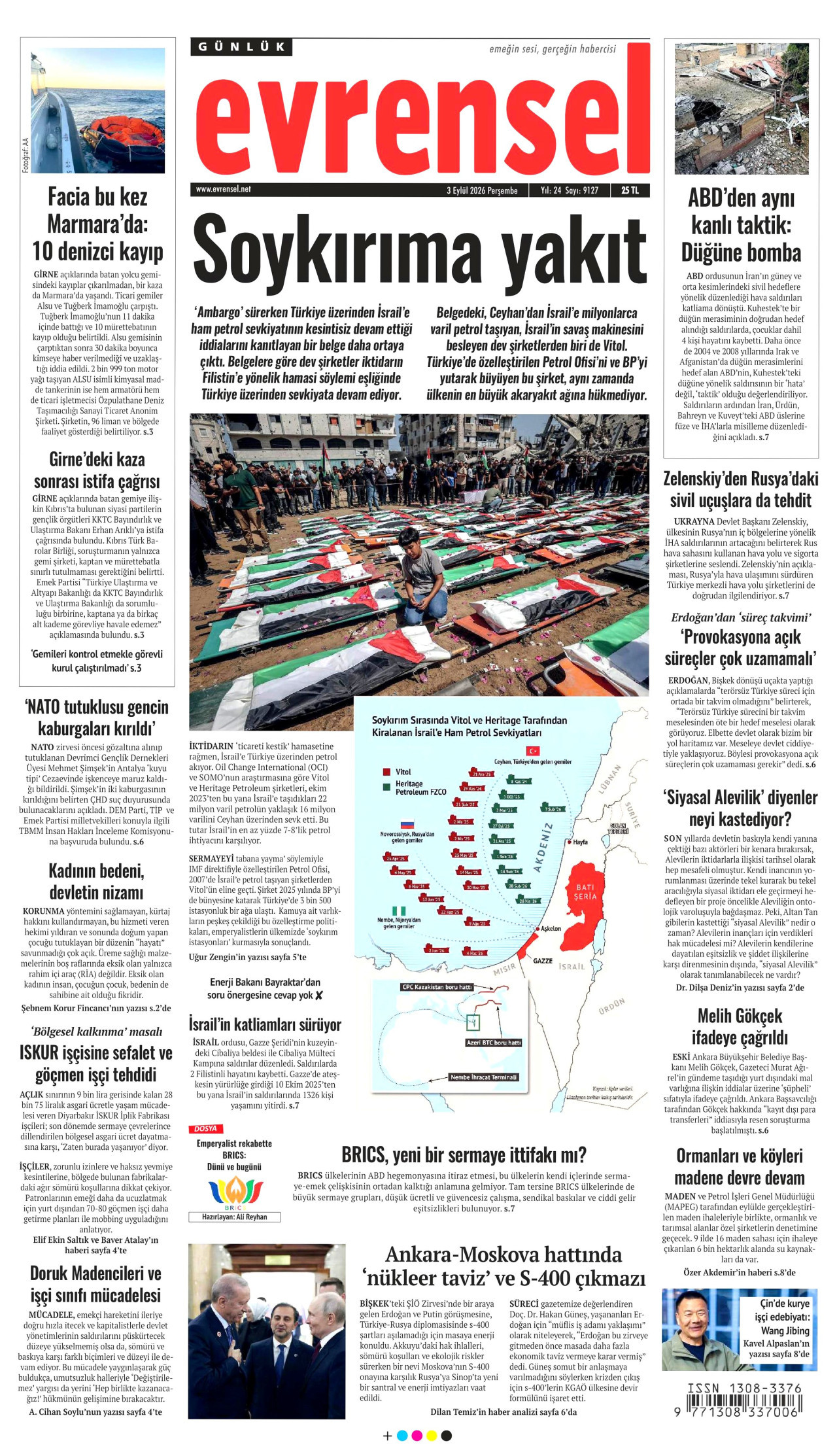 EVRENSEL gazetesinin 3 Eylül 2026 tarihli birinci sayfası