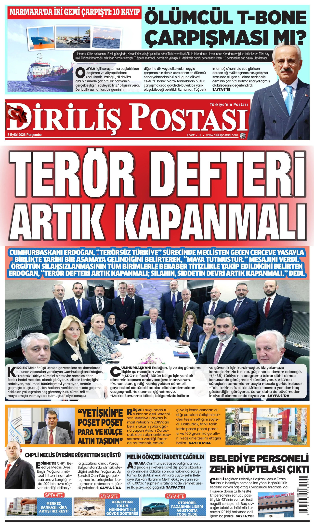 DİRİLİŞ POSTASI gazetesinin 3 Eylül 2026 tarihli birinci sayfası