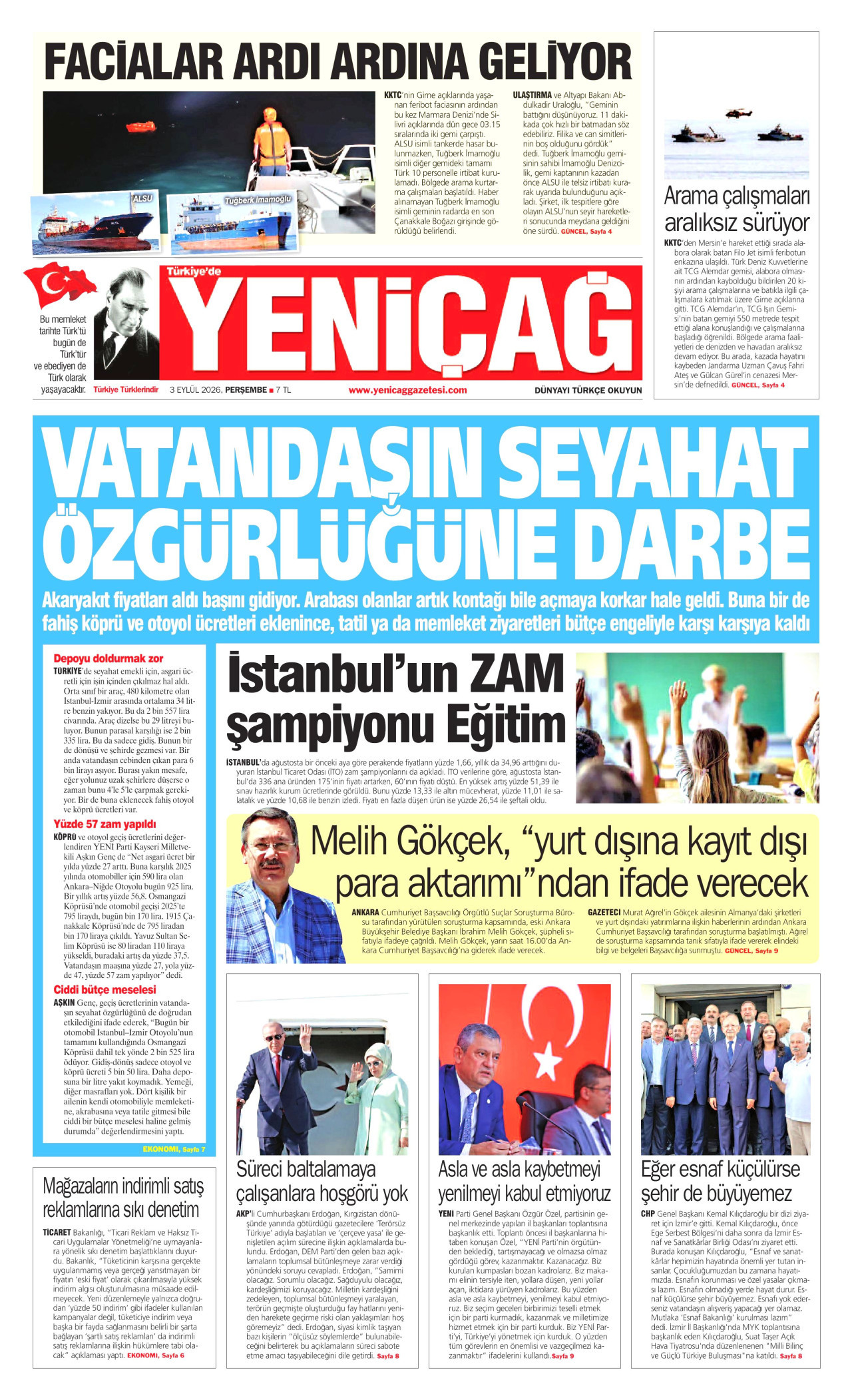 YENİÇAĞ gazetesinin 3 Eylül 2026 tarihli birinci sayfası