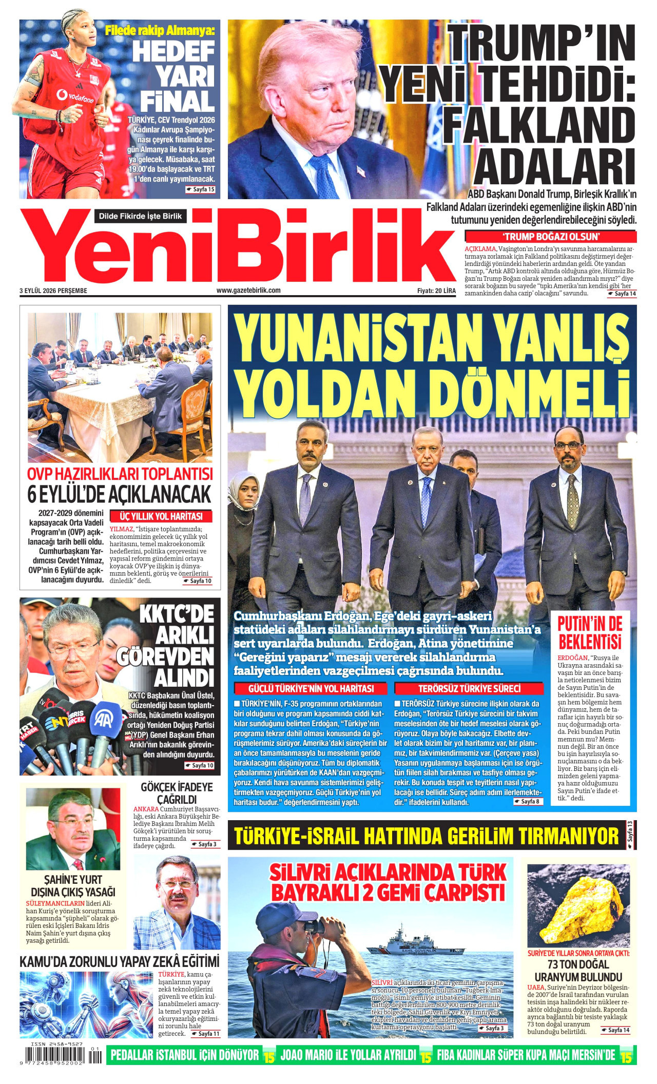 YENİBİRLİK gazetesinin 3 Eylül 2026 tarihli birinci sayfası