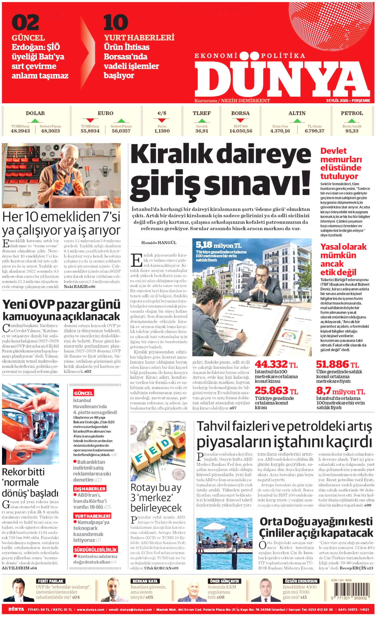 DÜNYA gazetesinin 3 Eylül 2026 tarihli birinci sayfası