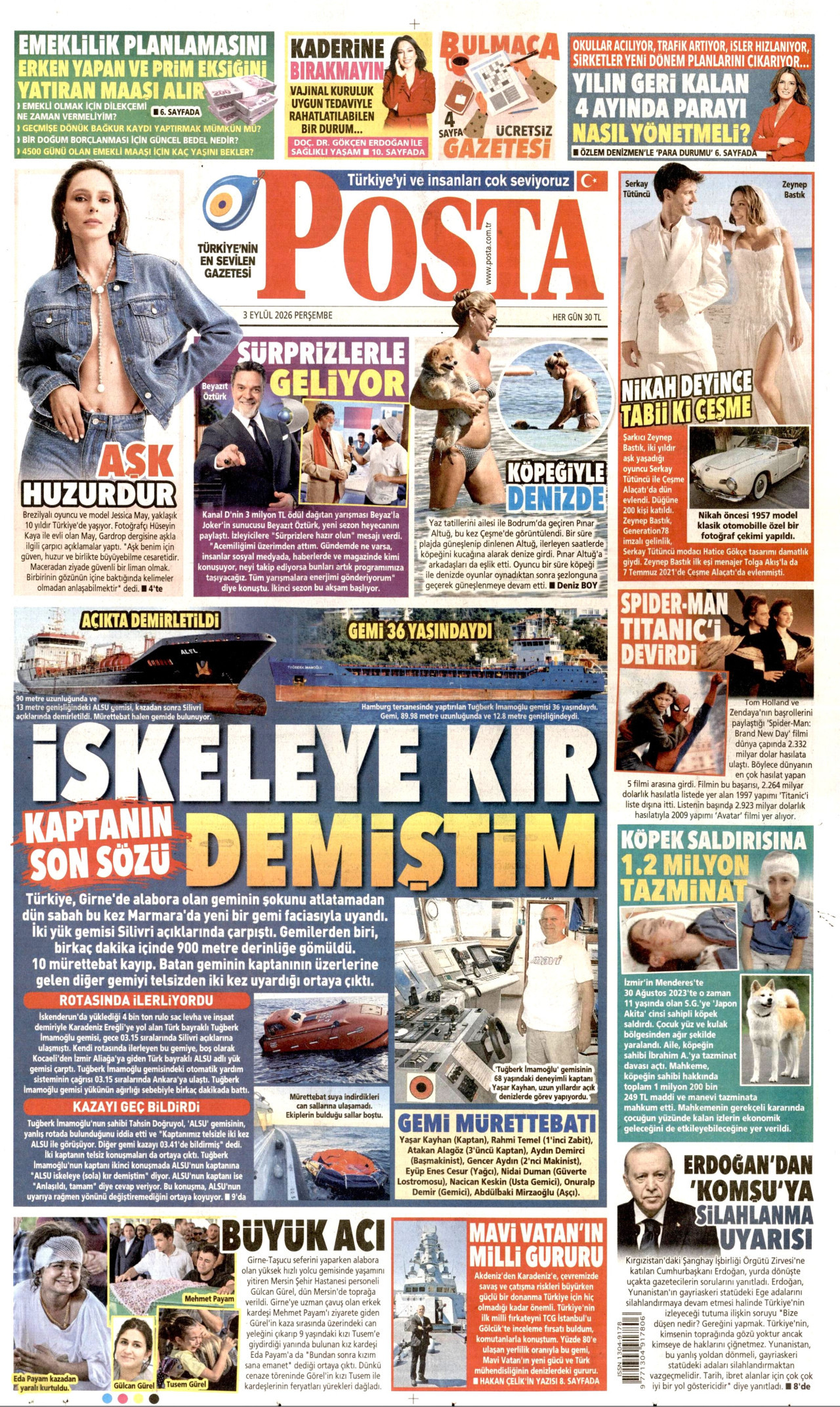 POSTA gazetesinin 3 Eylül 2026 tarihli birinci sayfası