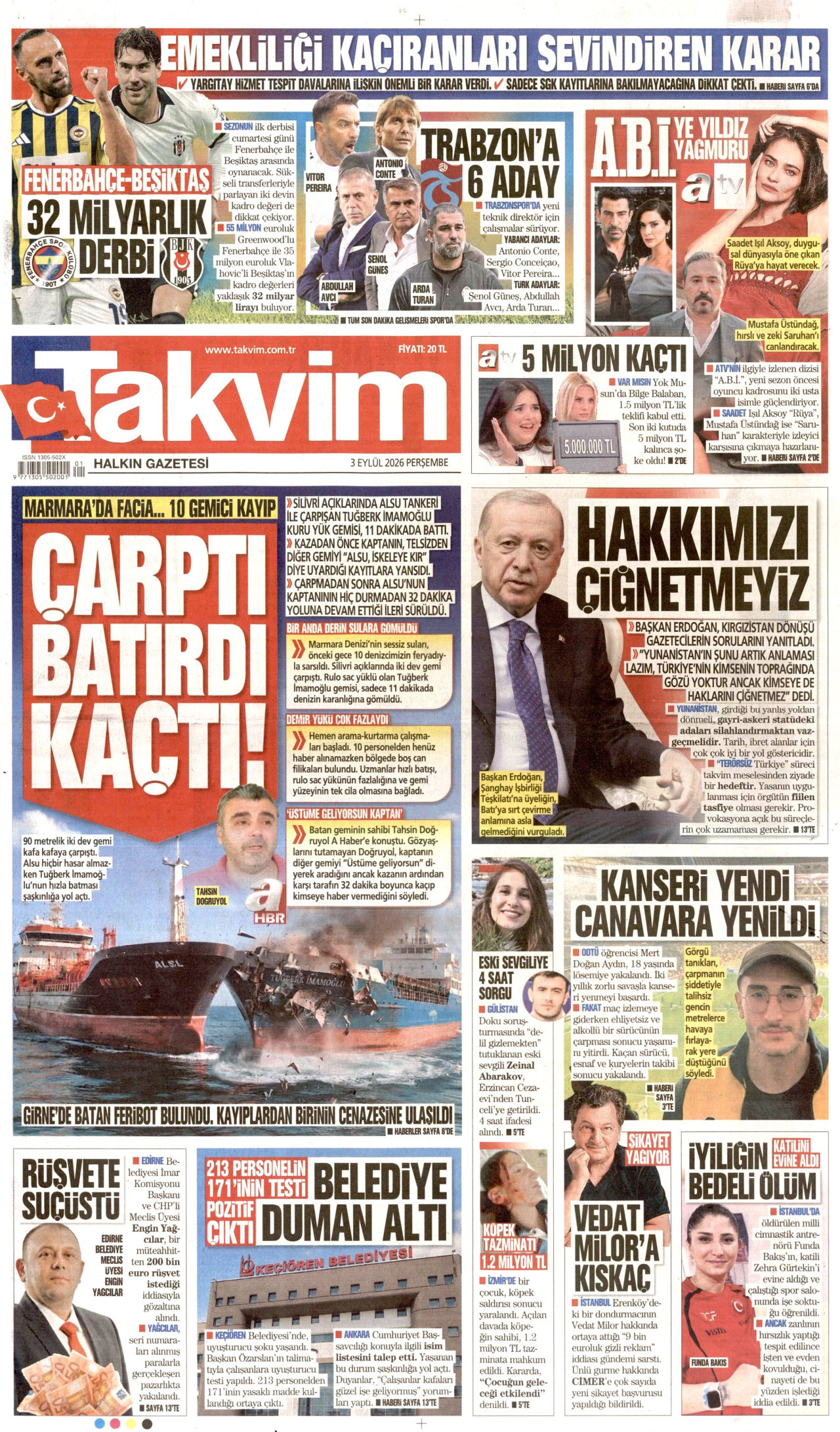 TAKVİM gazetesinin 3 Eylül 2026 tarihli birinci sayfası