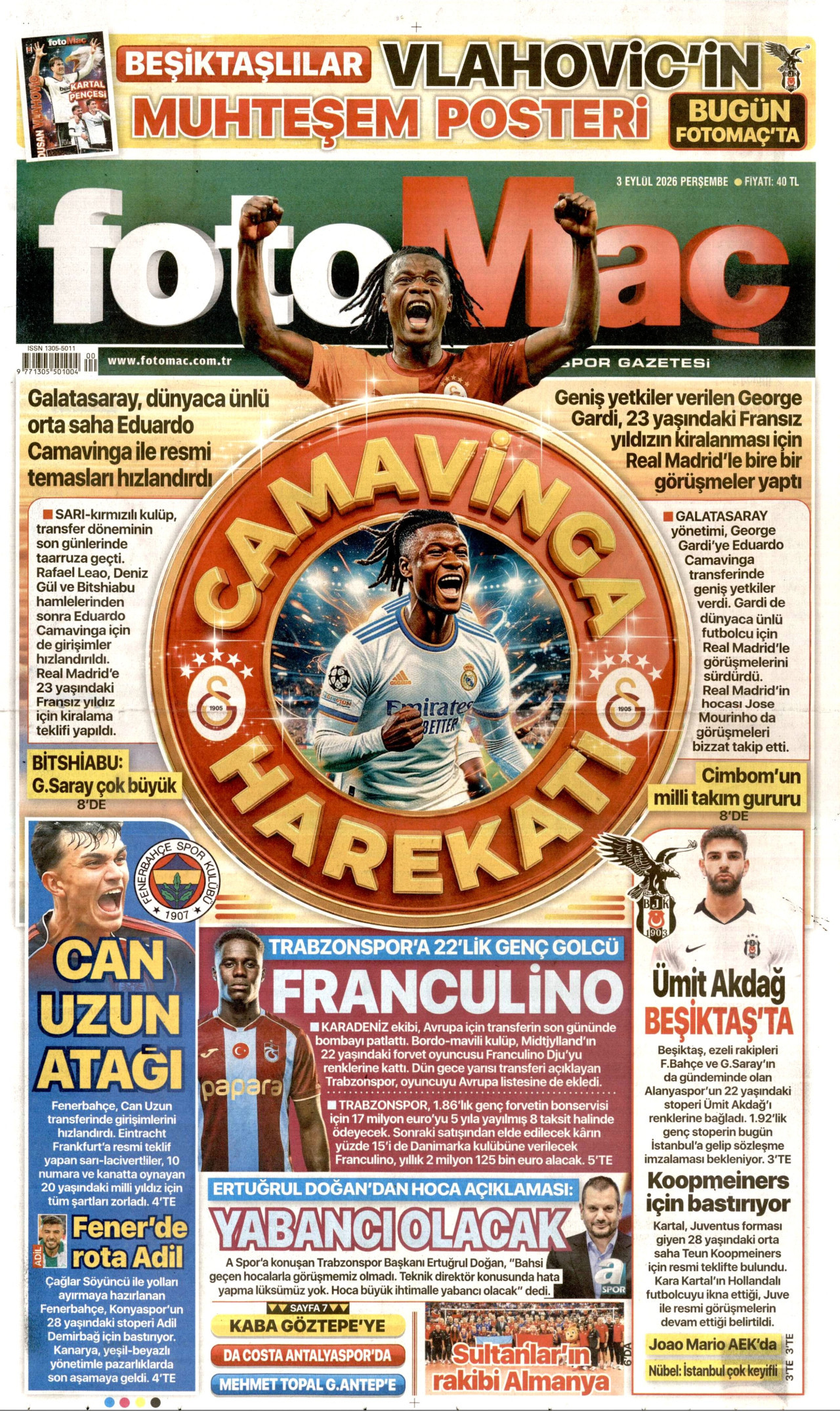 FOTOMAÇ gazetesinin 3 Eylül 2026 tarihli birinci sayfası
