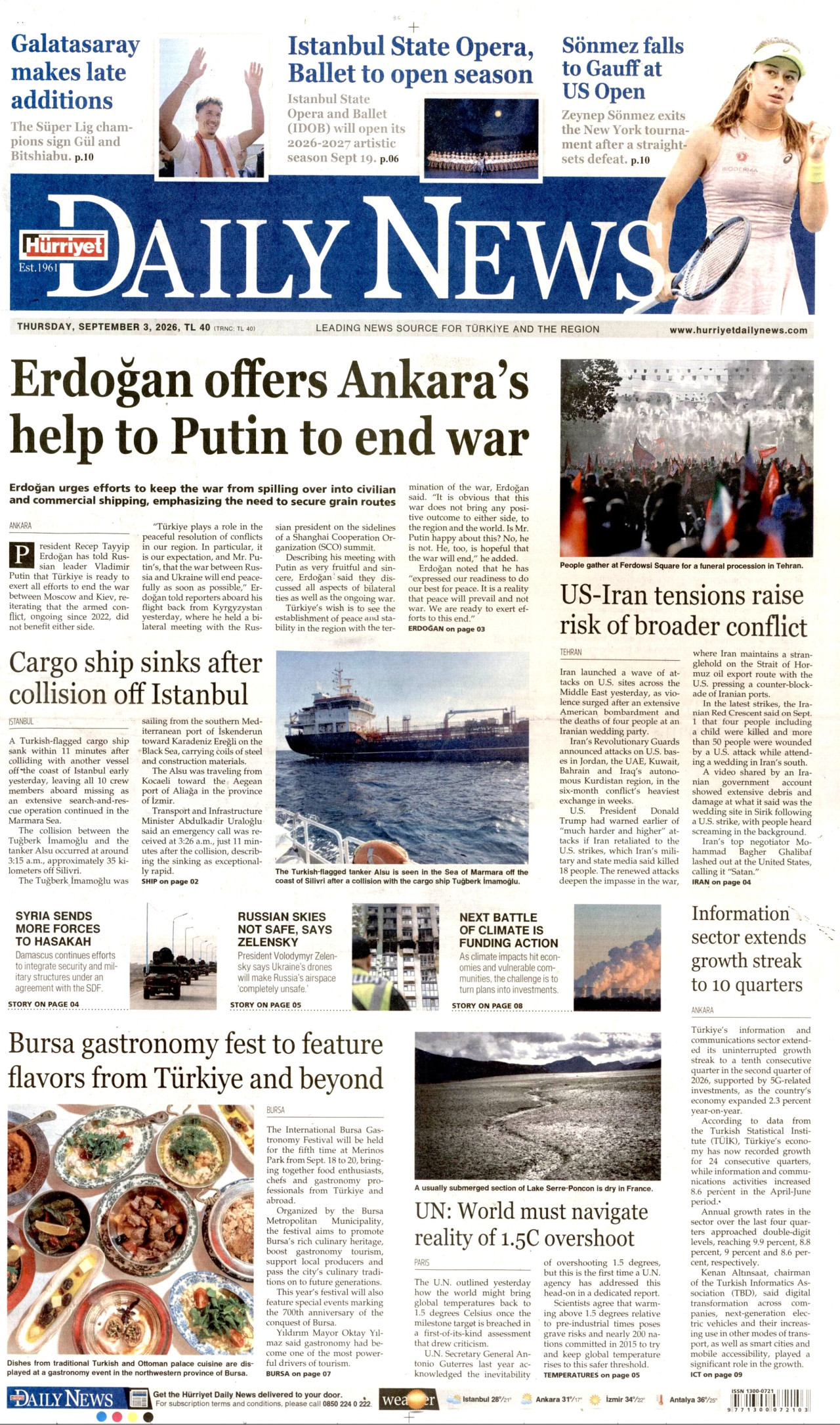 HÜRRİYET DAİLY NEWS gazetesinin 3 Eylül 2026 tarihli birinci sayfası