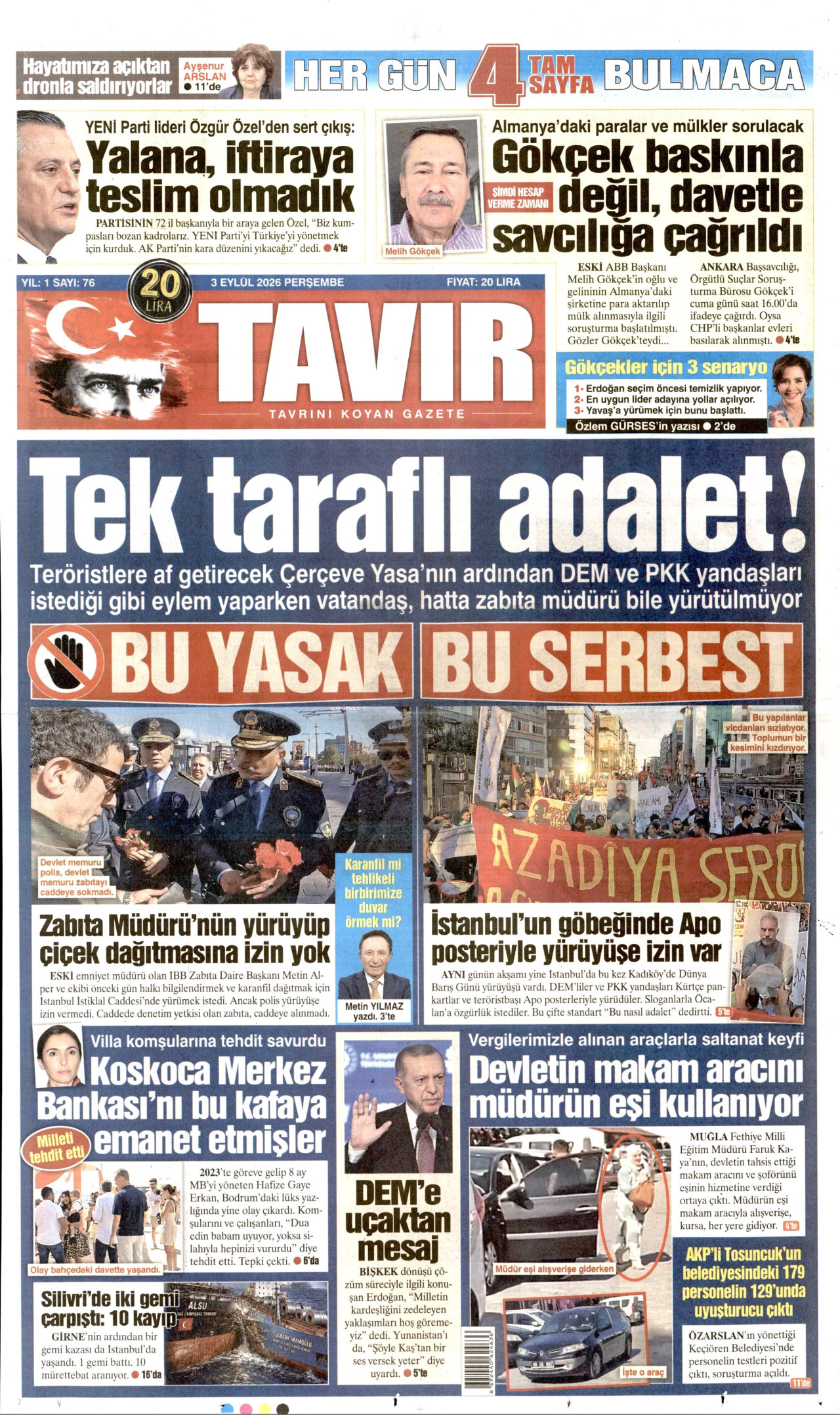 TAVIR GAZETESİ gazetesinin 3 Eylül 2026 tarihli birinci sayfası