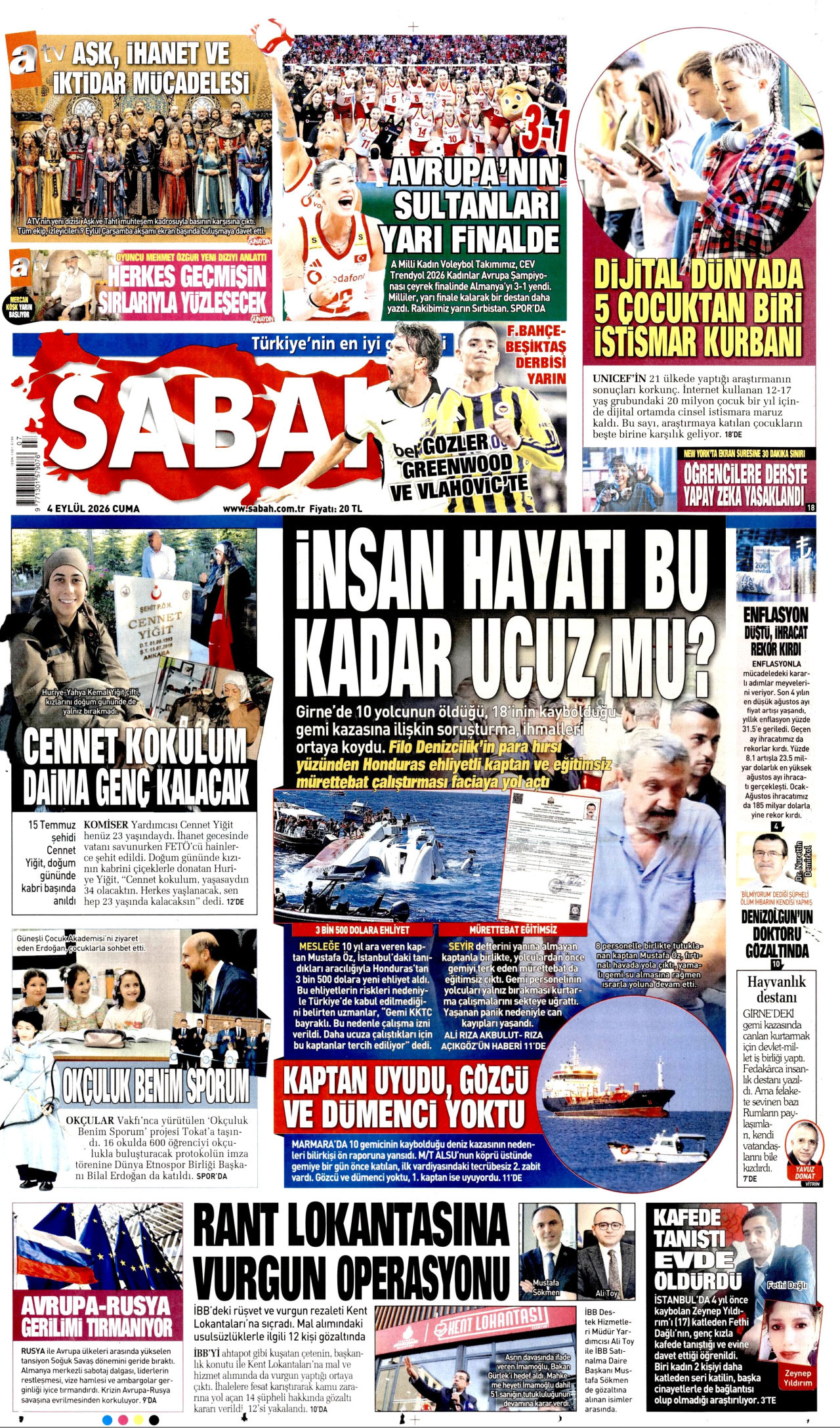 SABAH 4 Eylül 2026 Gazete Manşeti Büyük