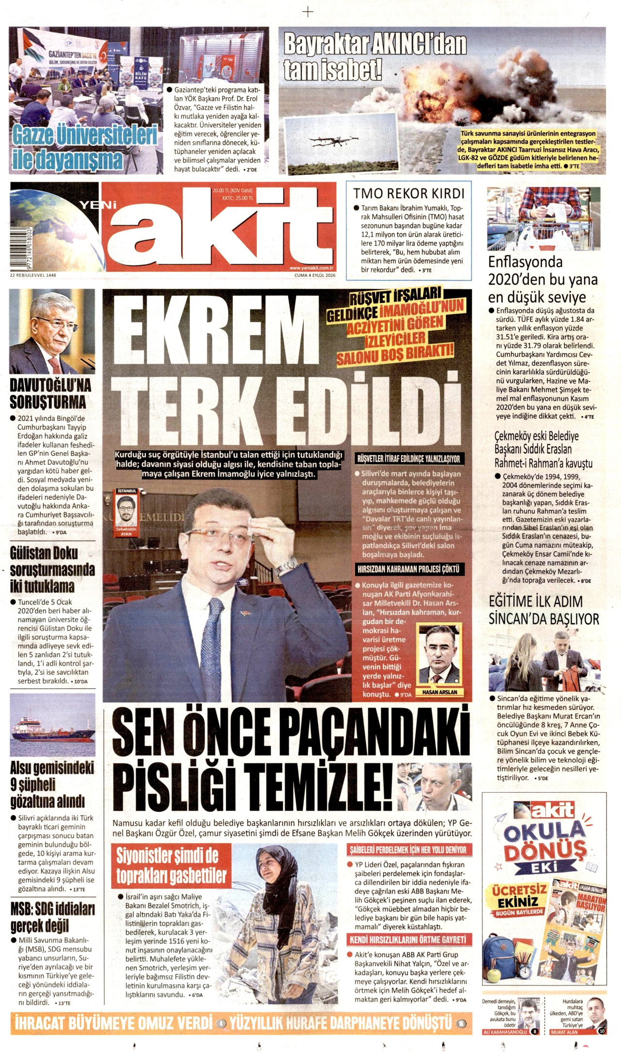 YENİ AKİT 4 Eylül 2026 Gazete Manşeti Büyük