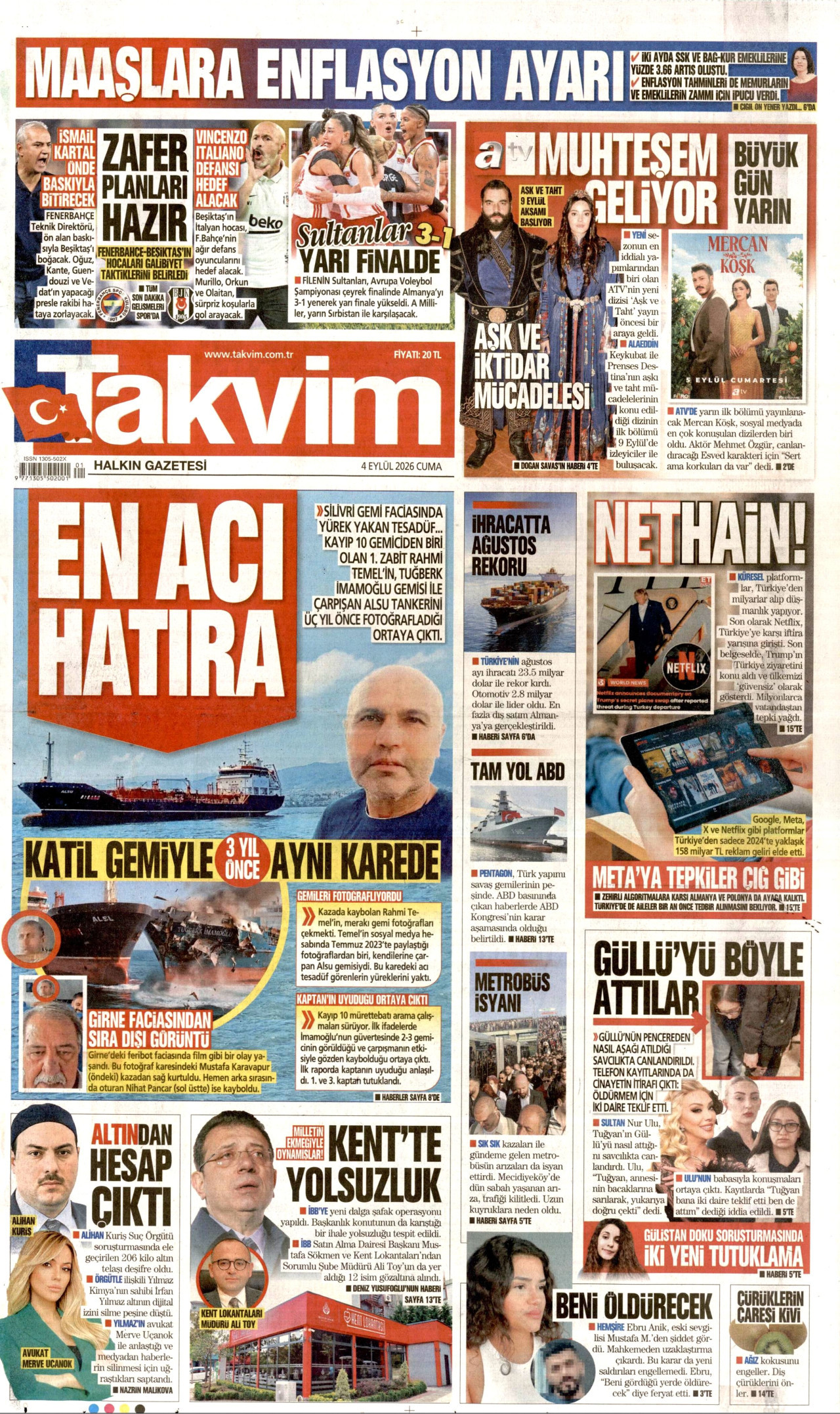 TAKVİM 4 Eylül 2026 Gazete Manşeti Büyük