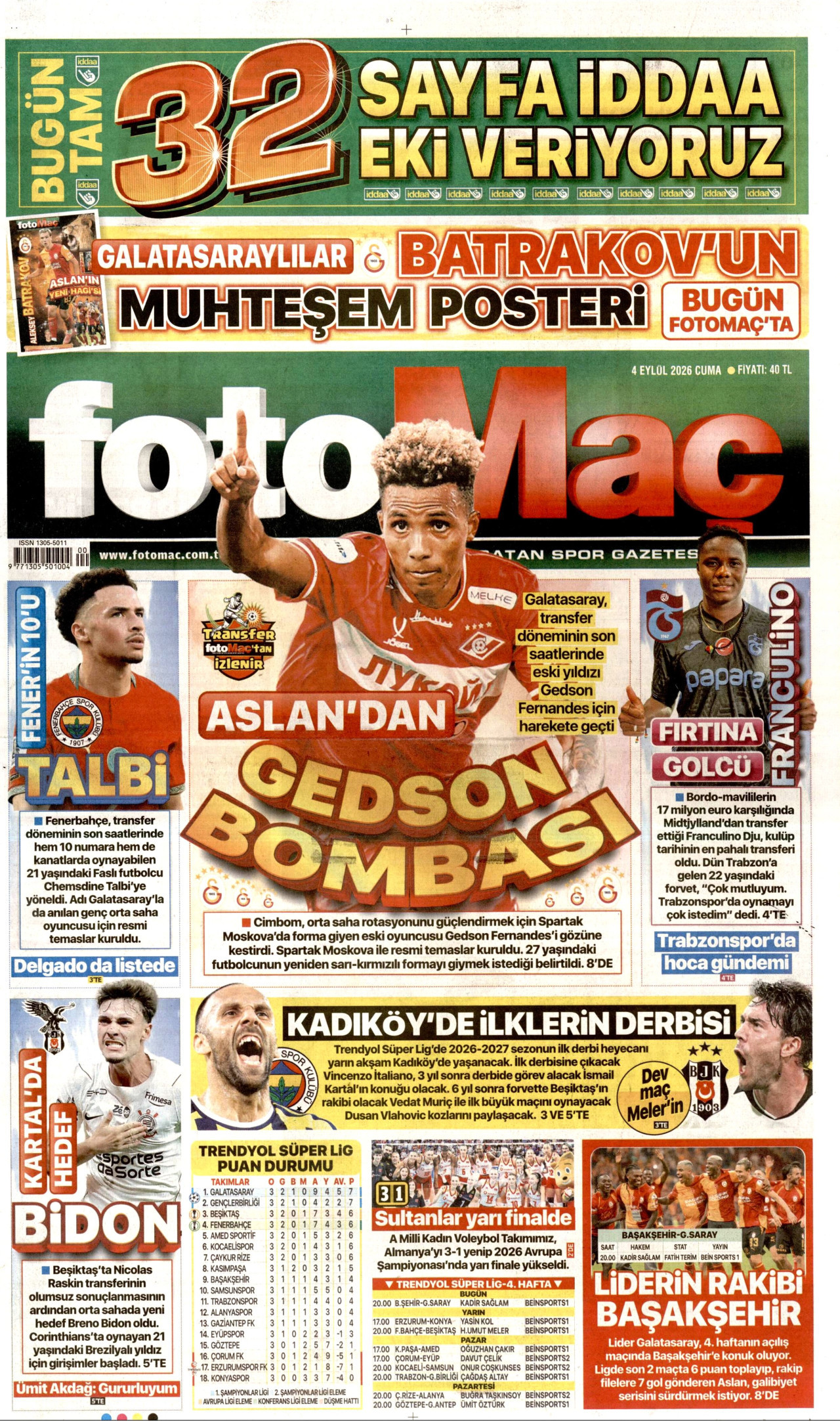 FOTOMAÇ 4 Eylül 2026 Gazete Manşeti Büyük
