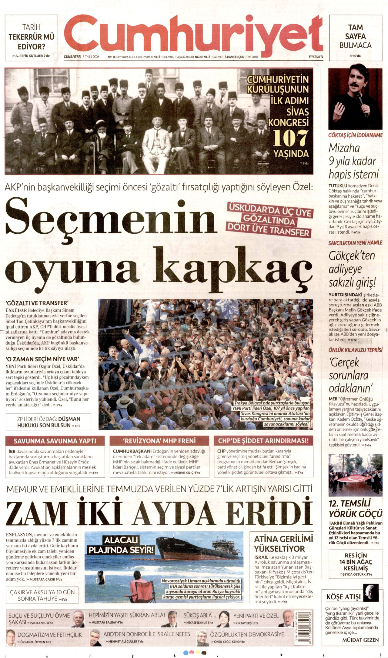 CUMHURİYET 5 Eylül 2026 Gazete Manşeti Büyük