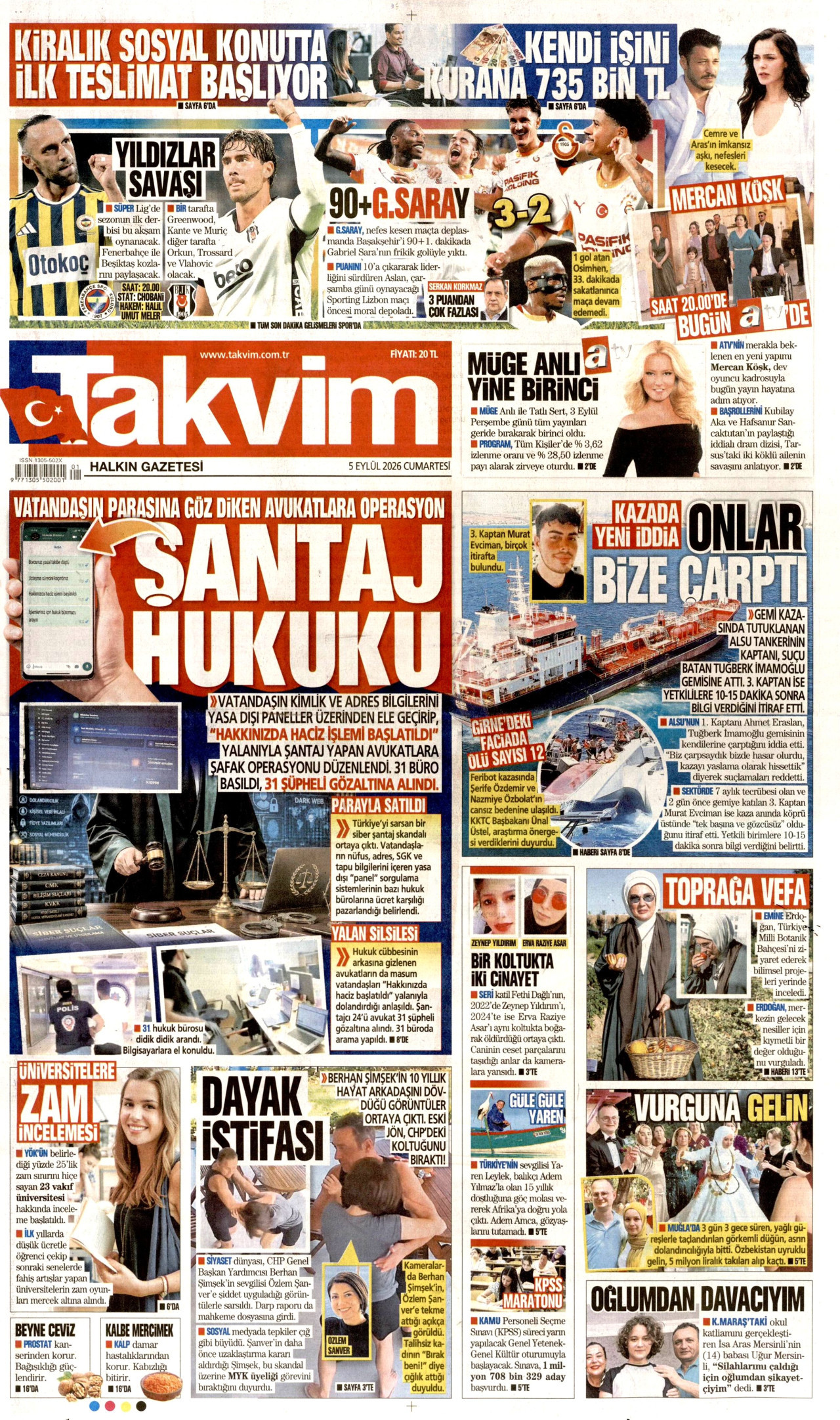 TAKVİM 5 Eylül 2026 Gazete Manşeti Büyük
